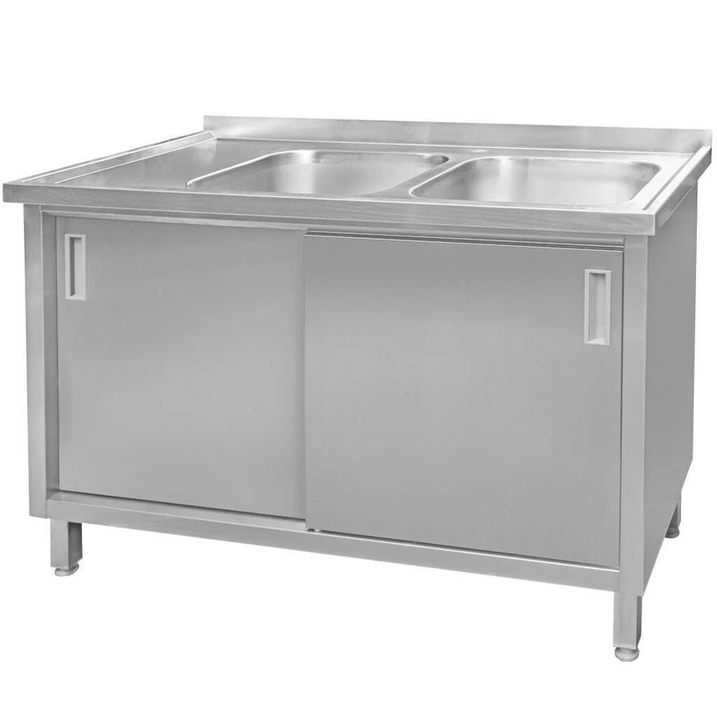 Zlewozmywak gastronomiczny ze stali nierdzewnej Mega-M 2-komorowy przyścienny spawany z szafką 140x70x85 cm