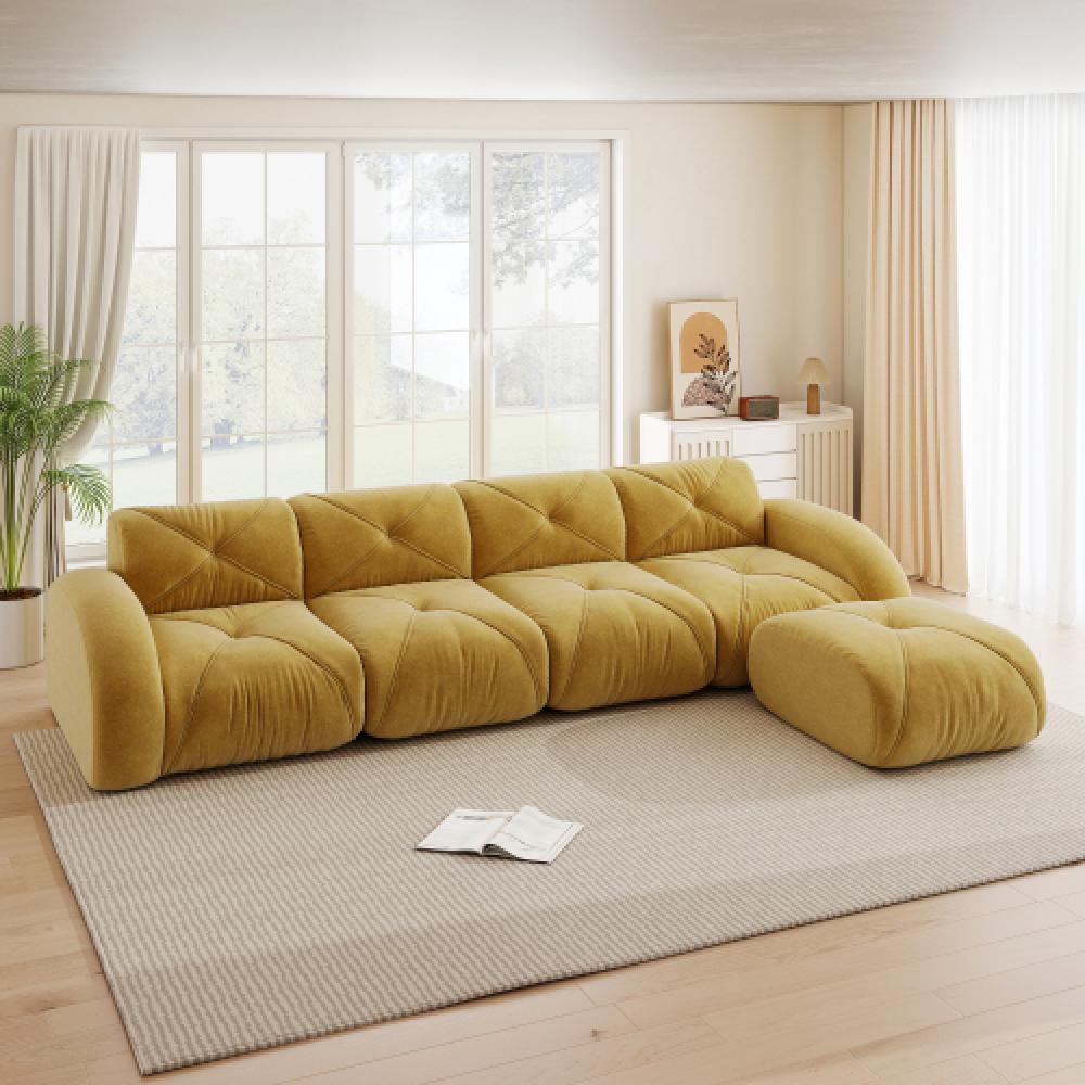 Sofa bezramowa, modułowa sofa 4-osobowa, pianka 32D o wysokiej gęstości, wygodna tkanina szenilowa, konstrukcja antypoślizgowa, nie wymaga montażu.