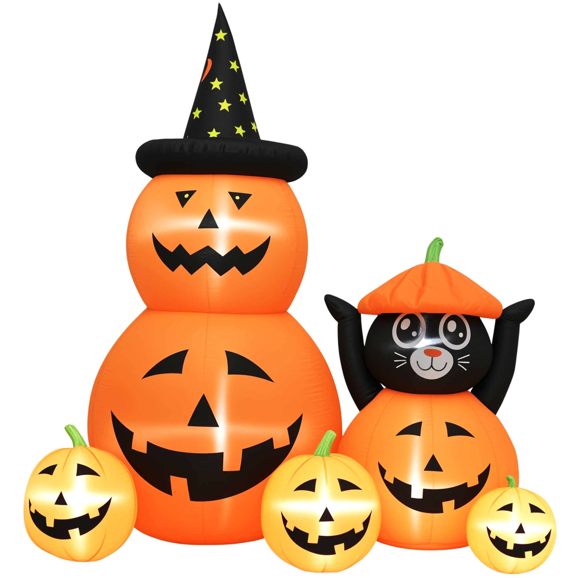 Nadmuchiwany kot w kształcie dyni na Halloween z 6 nogami, światłami LED, IP44, w zestawie pompka, pomarańczowy