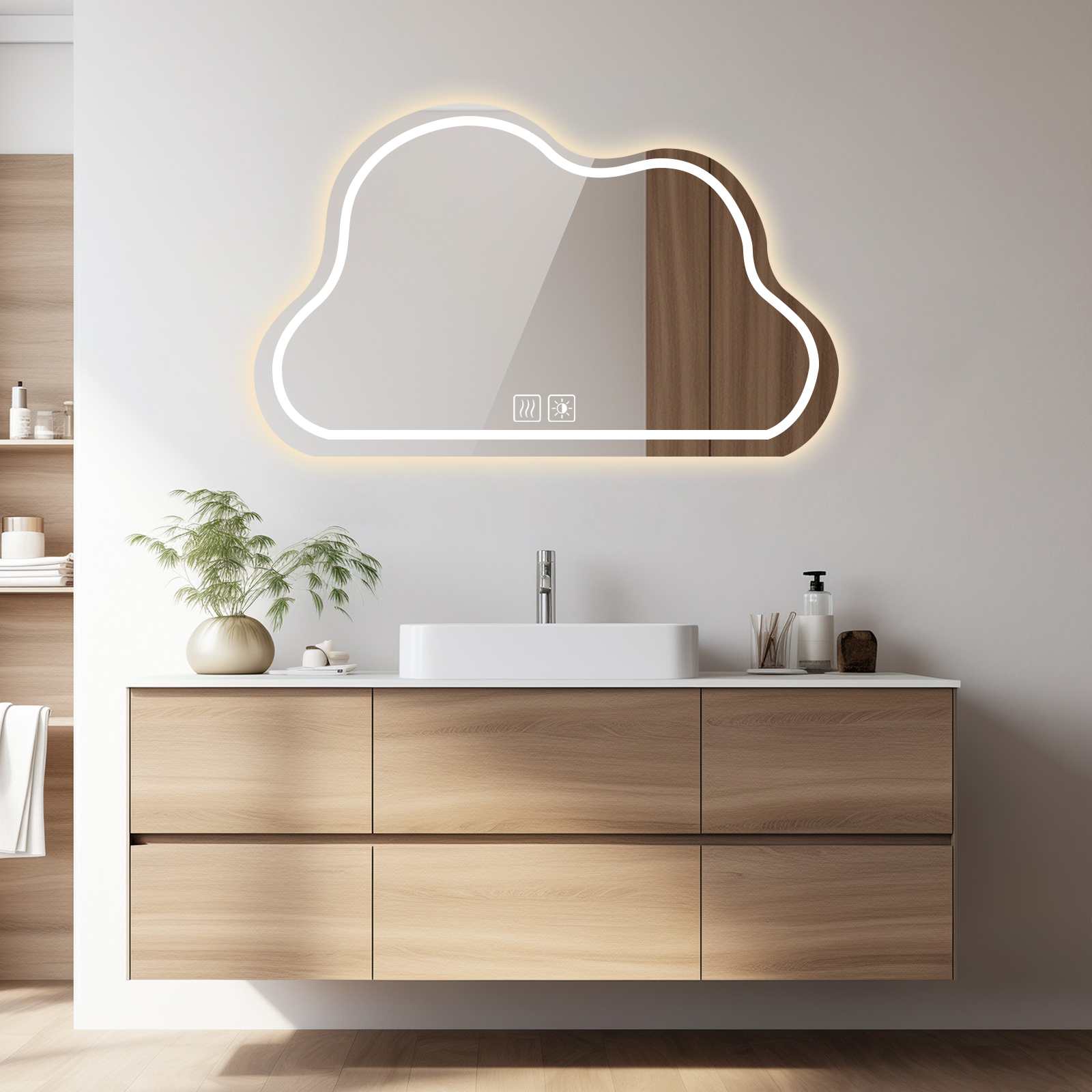 Lustro łazienkowe LED w kształcie chmury, 60 x 80 cm, przeciwmgielne, sterowanie dotykowe, 3 temperatury barwowe i regulowana jasność, bezramkowe