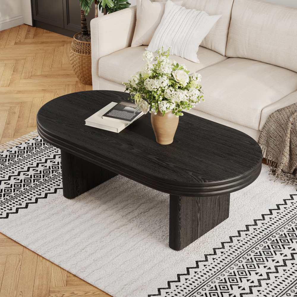 Owalny stolik kawowy w stylu mid-century modern, lite drewno i płyta MDF, uniwersalny stolik do salonu, 120x60x41,5 cm