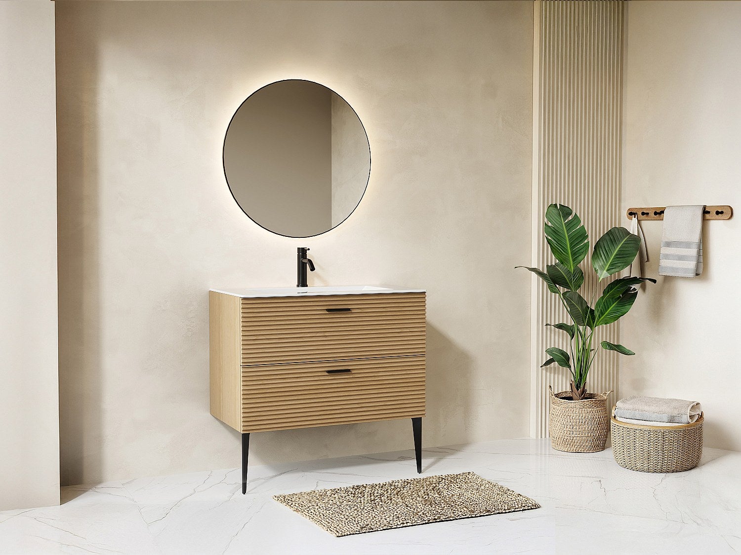 Szafka pod umywalkę na nóżkach z prążkowanym frontem - 2 szuflady - Jasny naturalny - 80 cm - SARONE