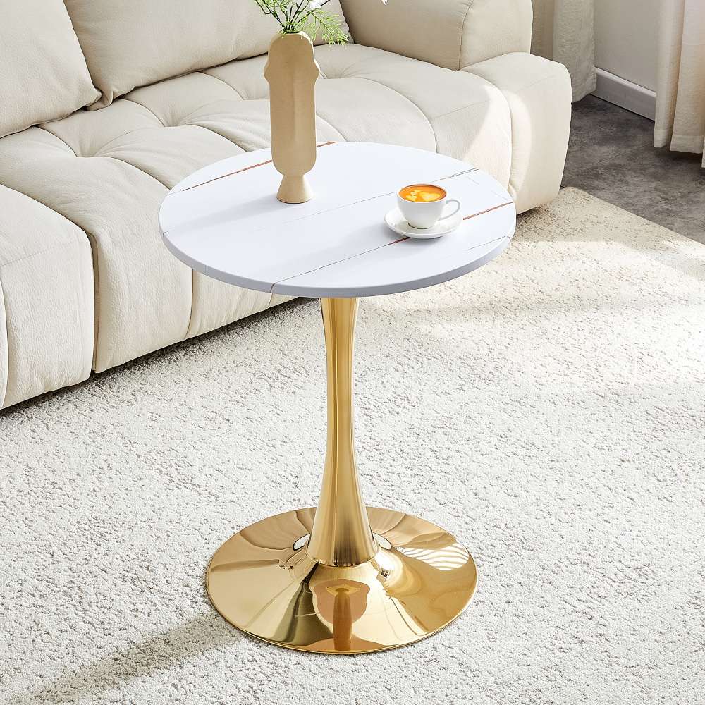 Okrągły stolik pomocniczy Ø60 cm z płyty MDF formowanej termicznie, imitacja białego drewna, złota noga centralna