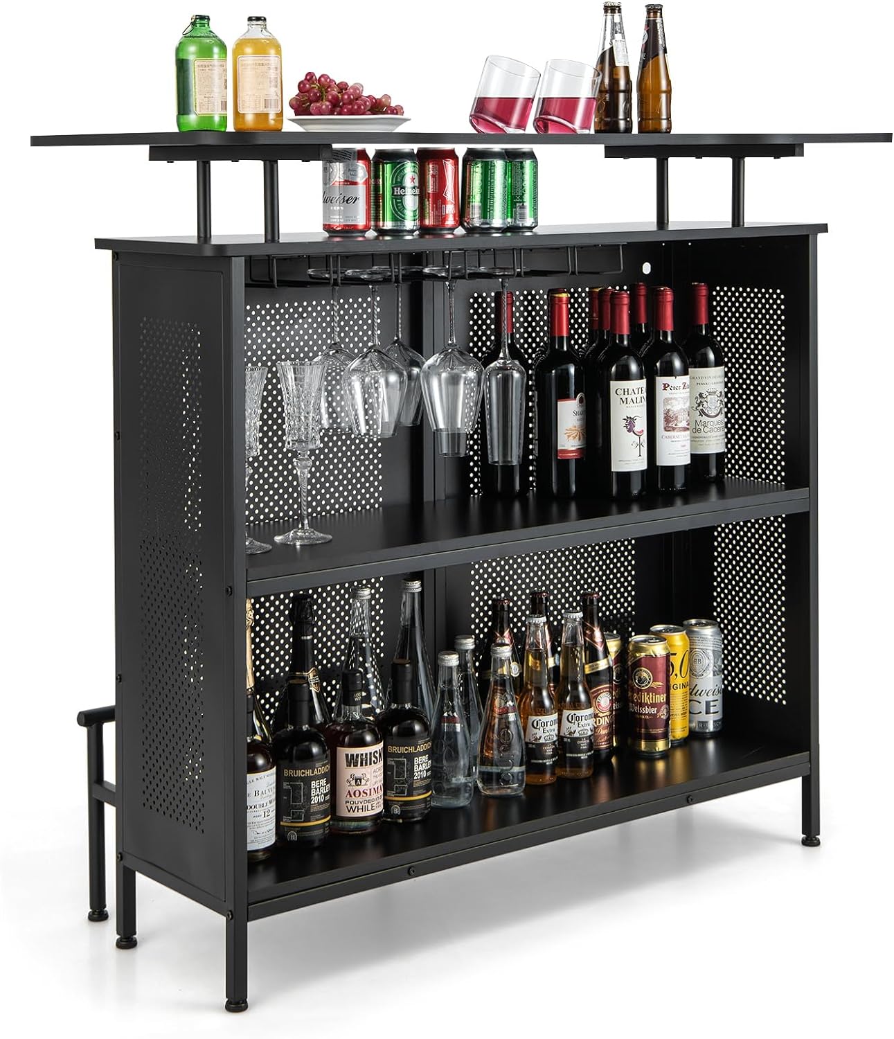 Stół barowy do kuchni, blat kuchenny z miejscem do przechowywania i podnóżkiem, blat z metalową ramą, regulowane nóżki, 120 x 50 x 106,5 cm, czarny