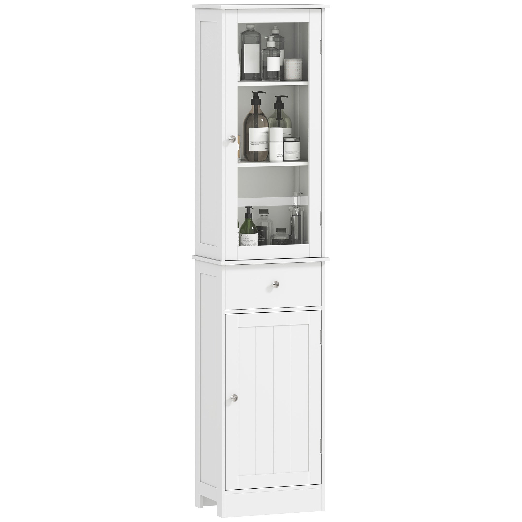 OSZCZĘDNOŚĆ MIEJSCA Mobilny słupek łazienkowy z szafka, szuflada i MDF półki, 40 x 27 x 171.5 cm, biały