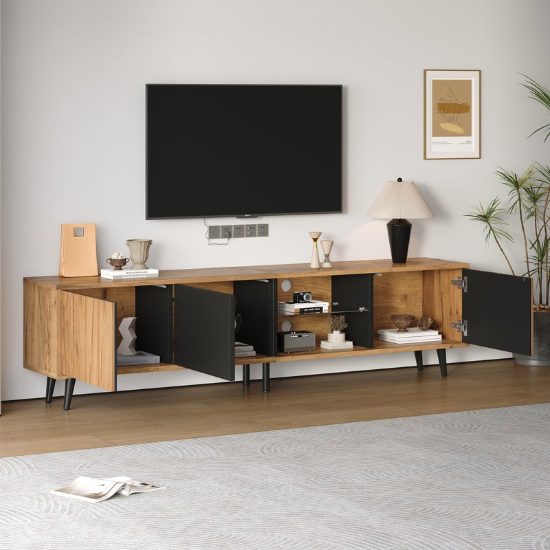 Szafka RTV niska 175*31,5*45cm, Szafka RTV do salonu, Szafka RTV z 3 szafkami, Prosta szafka do salonu z oryginalnym kolorem drewna + czarne łączenia