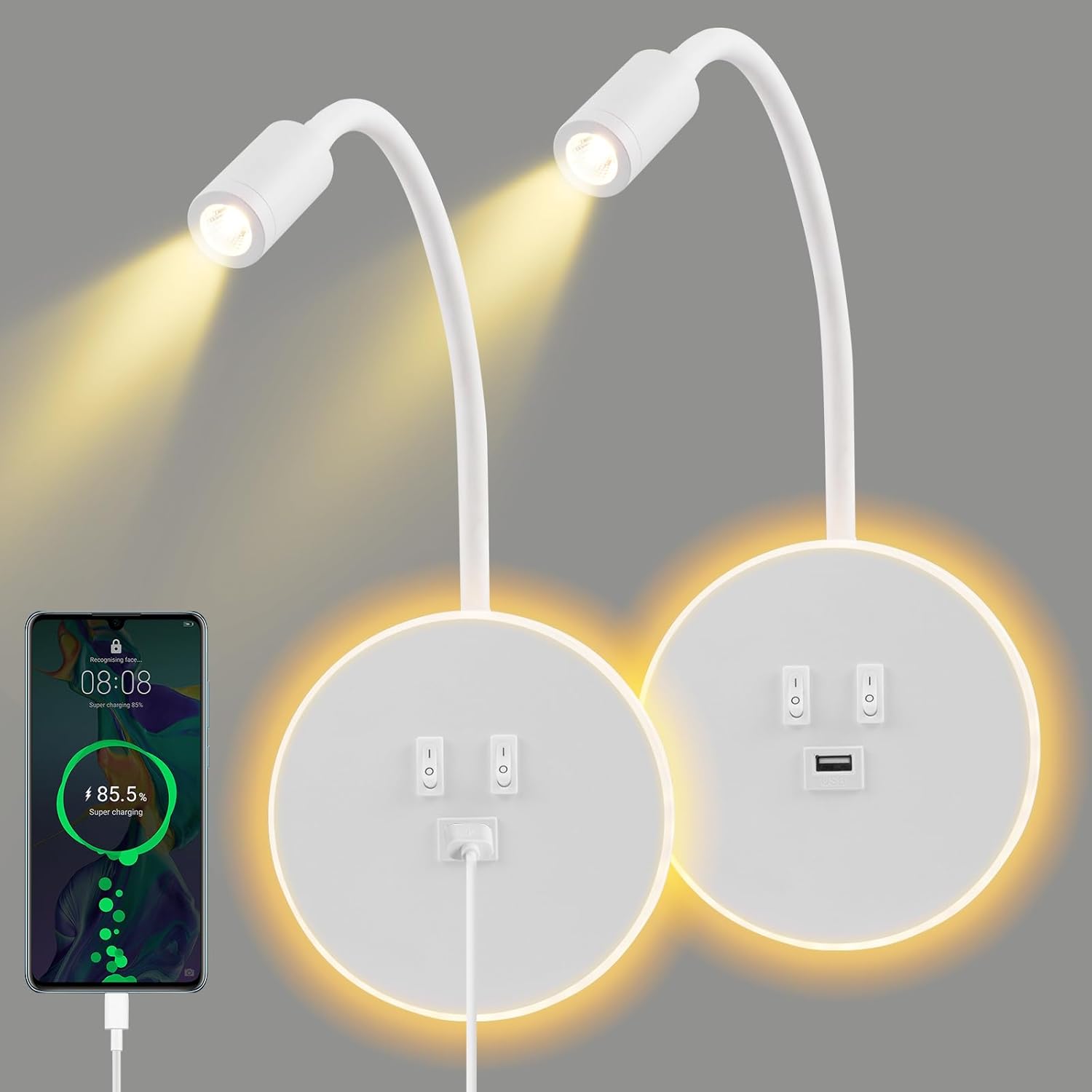2-częściowy kinkiet LED do użytku wewnętrznego, lampa do czytania z przełącznikiem, regulowana lampka nocna do czytania z portem ładowania USB,