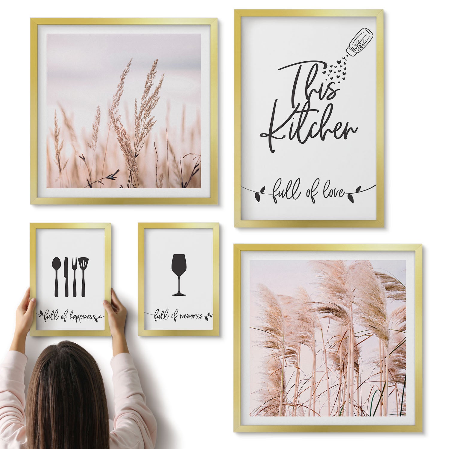 Galeria ścienna 5-częściowy komplet obrazów w złotych ramach - Kuchenne inspiracje stylu boho z miłością do gotowania - ArtPrintCave