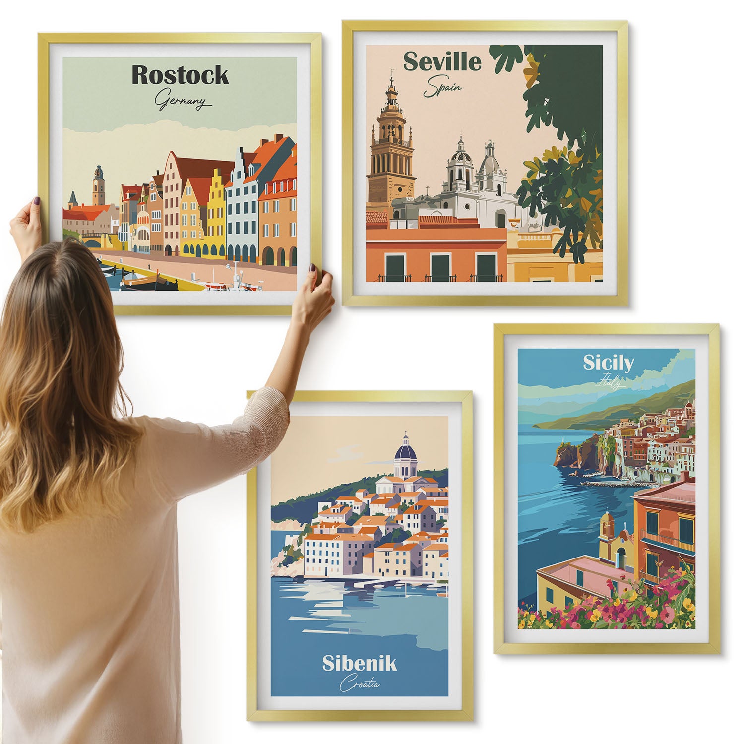 Galeria ścienna 4-częściowy komplet obrazów w złotych ramach - Krajobrazy miast europejskich z kolorowymi budynkami - ArtPrintCave