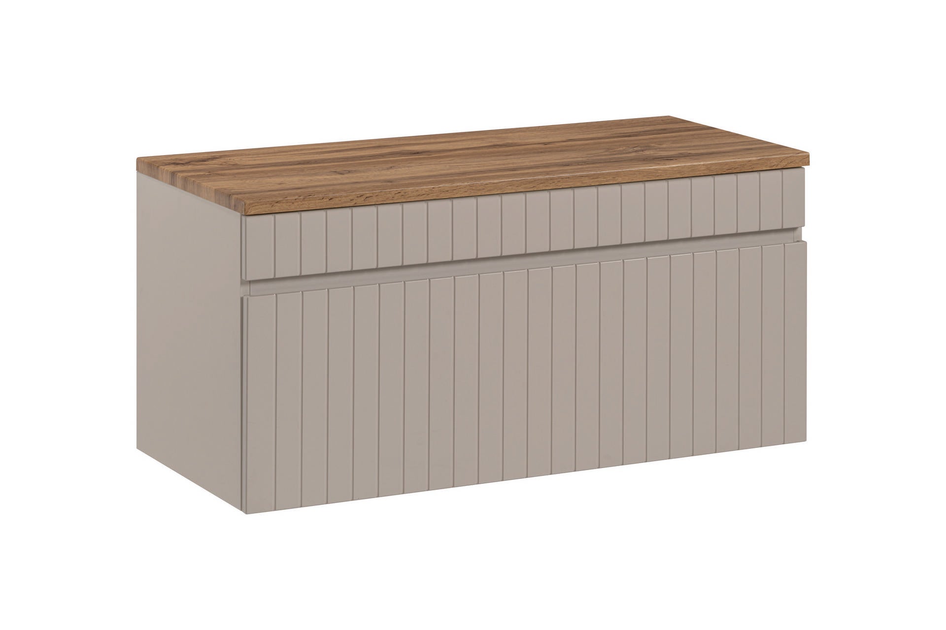 Szafka łazienkowa ICONIC CASHMERE 100 cm kaszmir wisząca frezowany front z blatem dąb