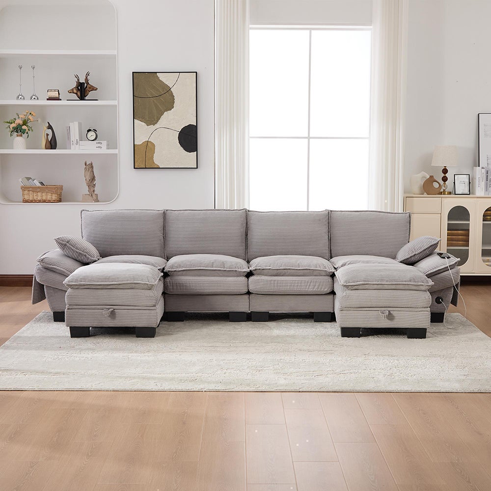 4-osobowa sofa z aksamitu w prążki, z dwoma podnóżkami, pianką o wysokiej gęstości, portem USB-C i kieszeniami bocznymi, jasnoszara