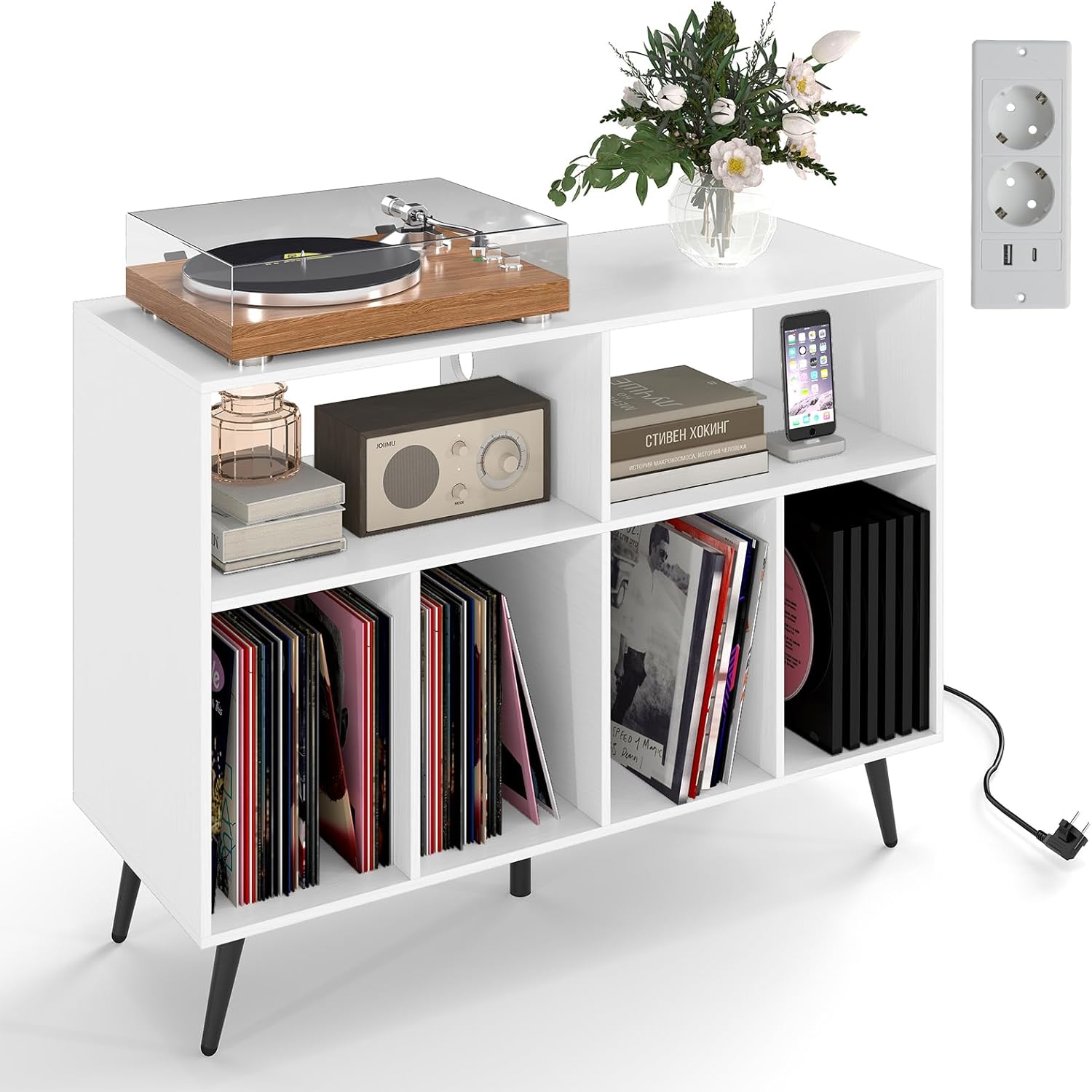 3-poziomowy stolik pomocniczy ze stacją ładującą, mebel na gramofon, 5 metalowych nóżek, do salonu, pokoju muzycznego, biały