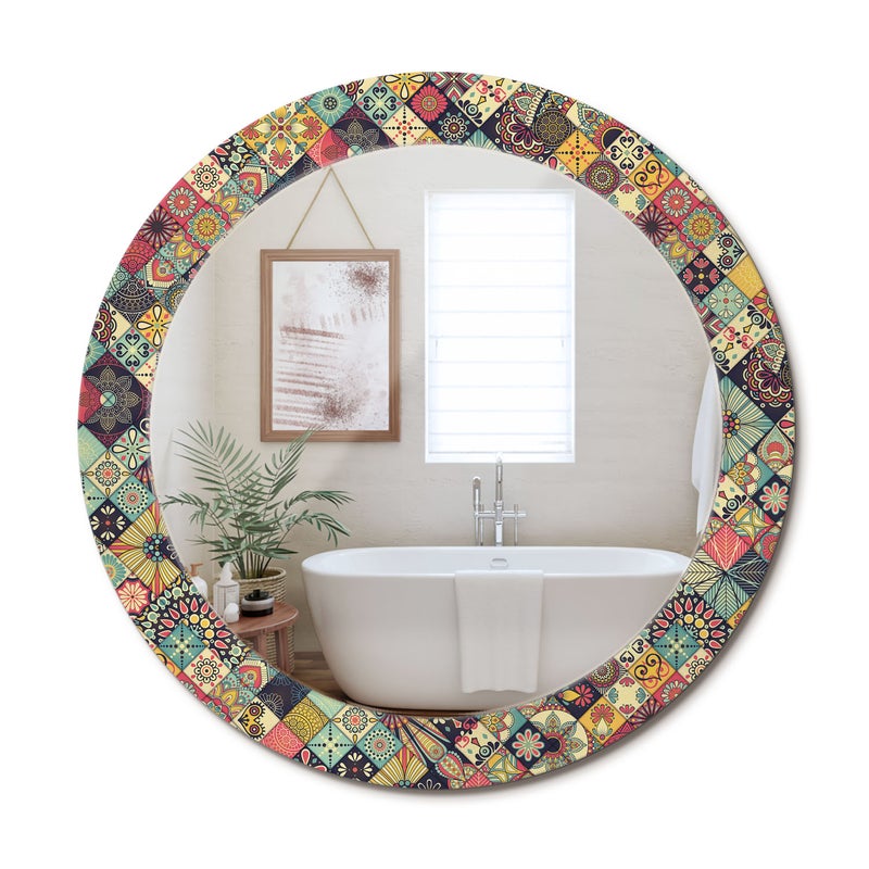 Okrągłe lustro dekoracyjne z hartowaną szklaną ramą i nowoczesnym nadrukiem Patchwork kafelki - 70 cm - ArtPrintCave