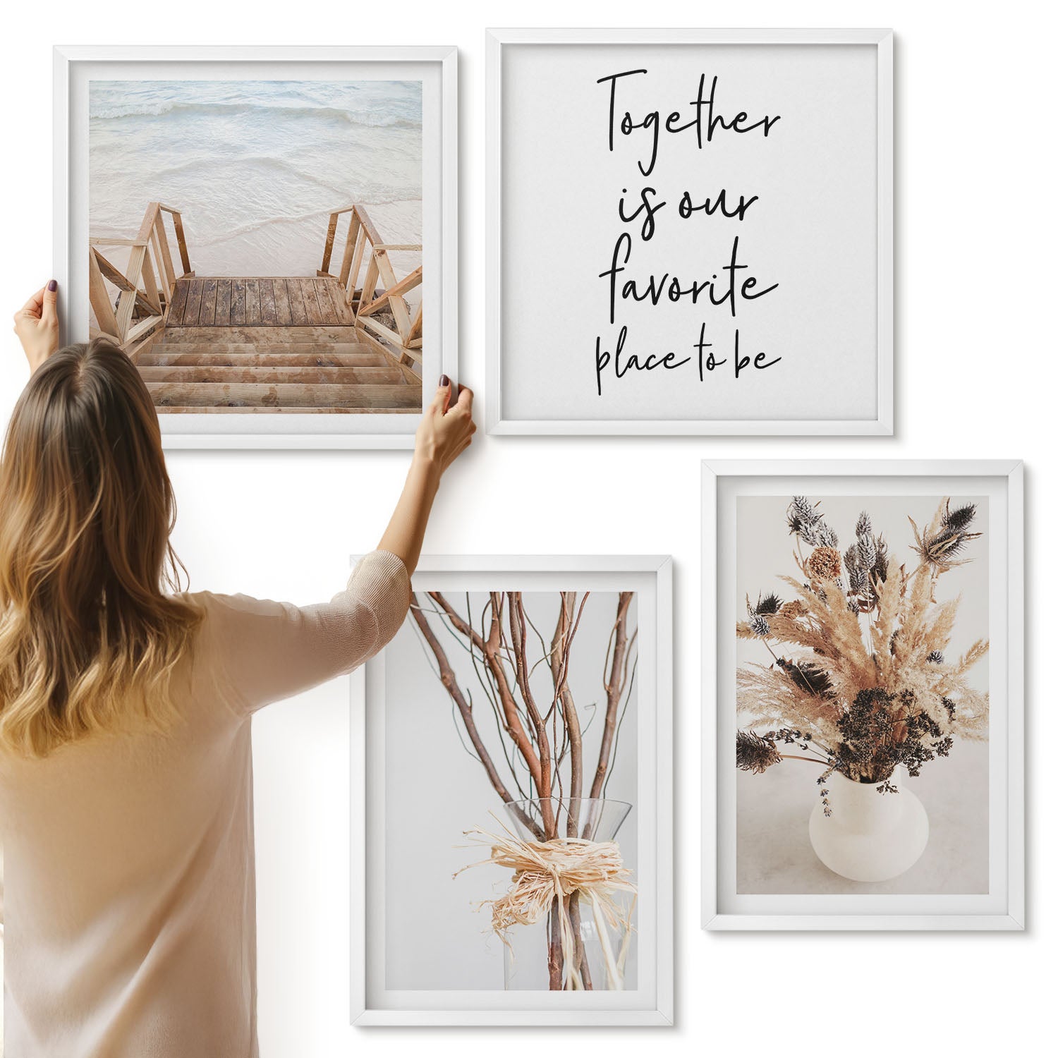 Galeria ścienna 4-częściowy komplet obrazów w białych ramach - Kwiaty i gałęzie w minimalistycznym stylu natury - ArtPrintCave