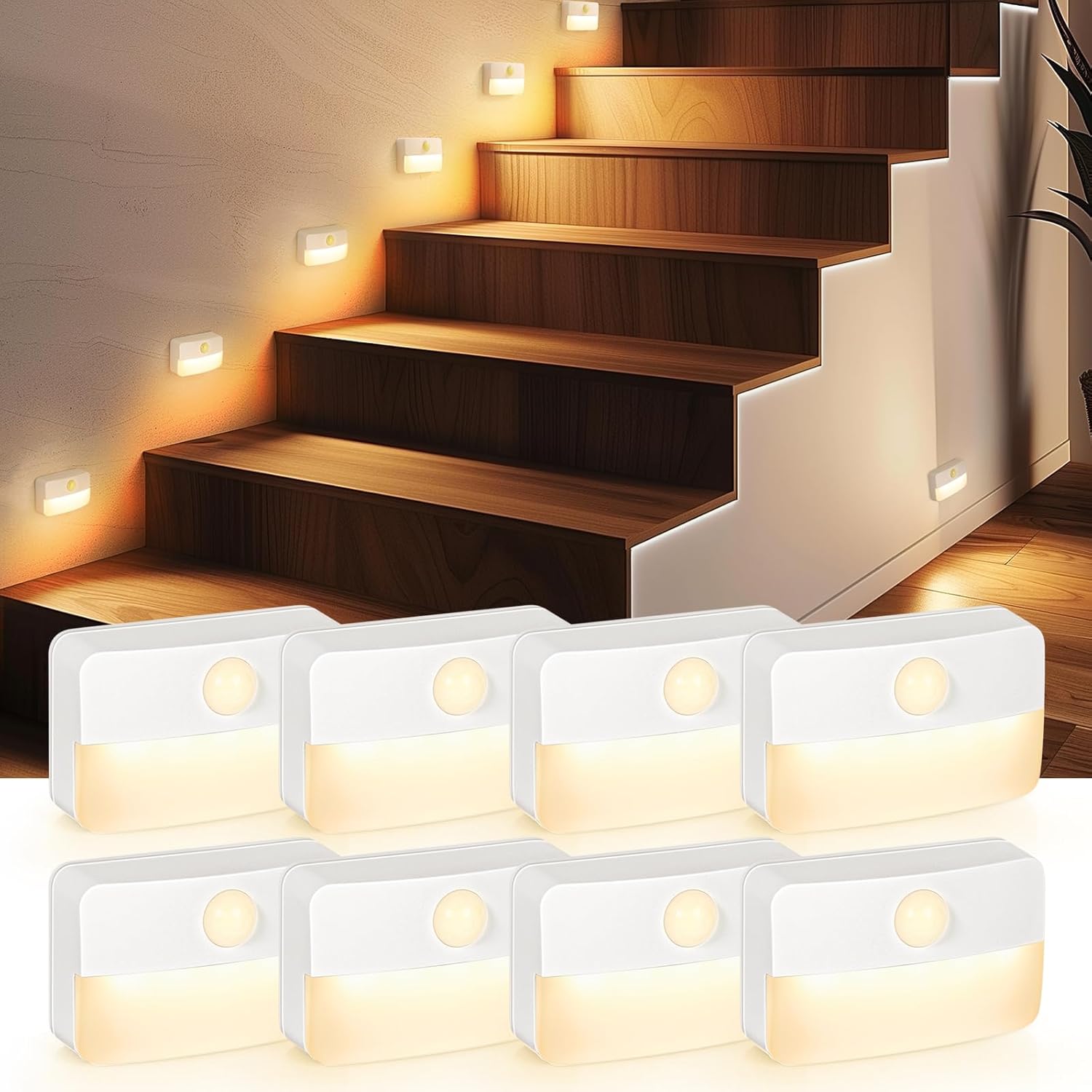 8 wewnętrznych lampek schodowych indukcyjnych, bezprzewodowe lampki nocne LED zasilane bateryjnie, przenośne lampki nocne