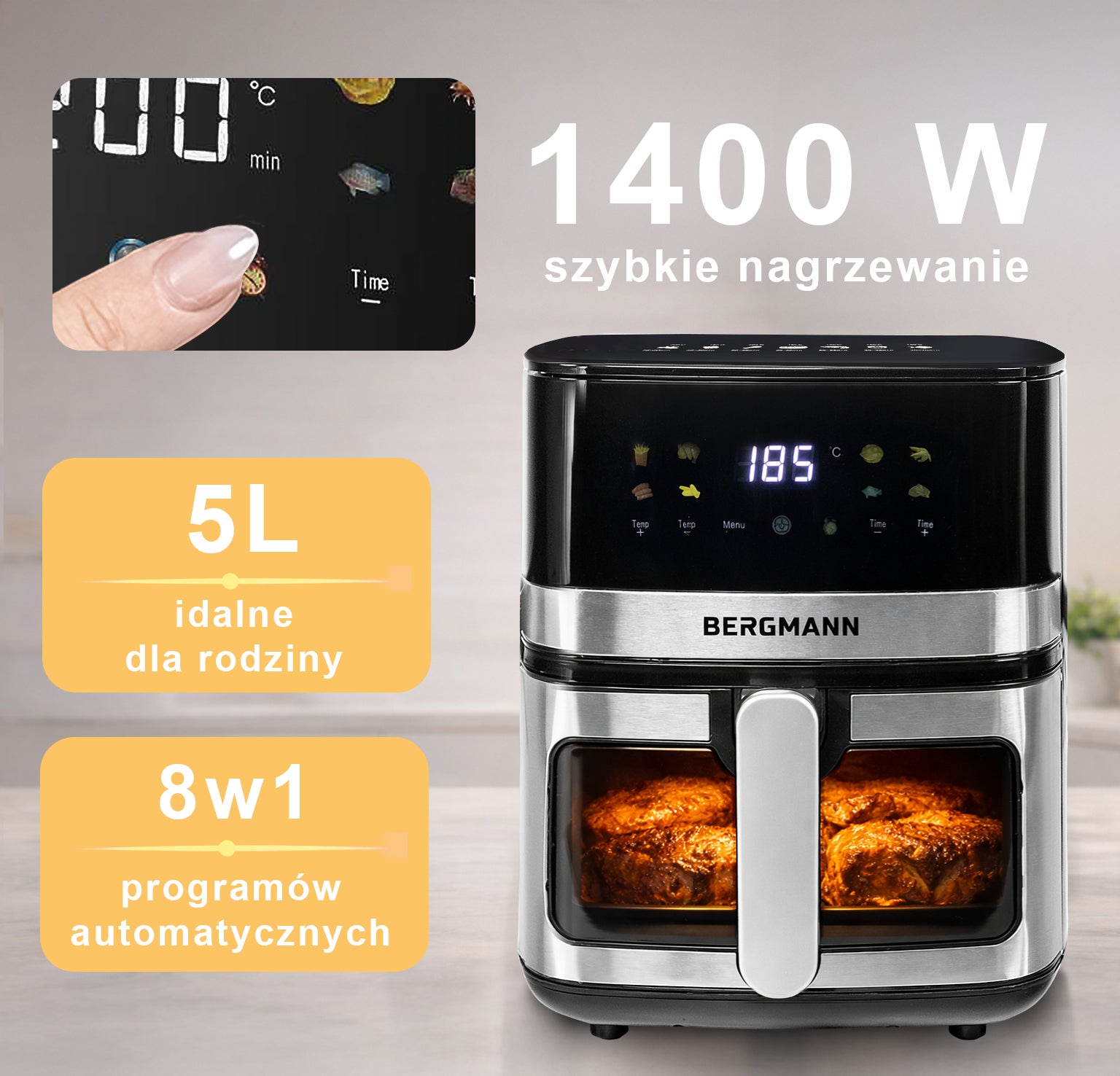 Frytkownica beztłuszczowa Air Fryer BERGMANN YA 8 programów 1 komora 5l 1400W