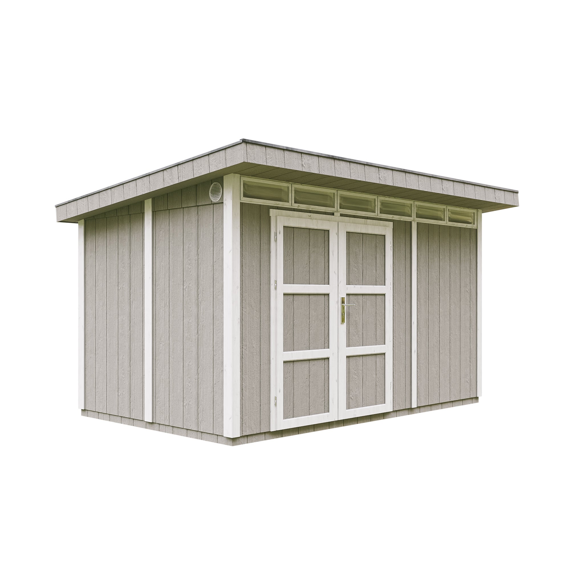 Domek ogrodowy z drewna z płyt LP SmartSide 9 m² - z podłogą i płytkami bitumicznymi Dł. 412 x Szer. 279 x Wys. 237 cm - Timbela M904A - szary tundra