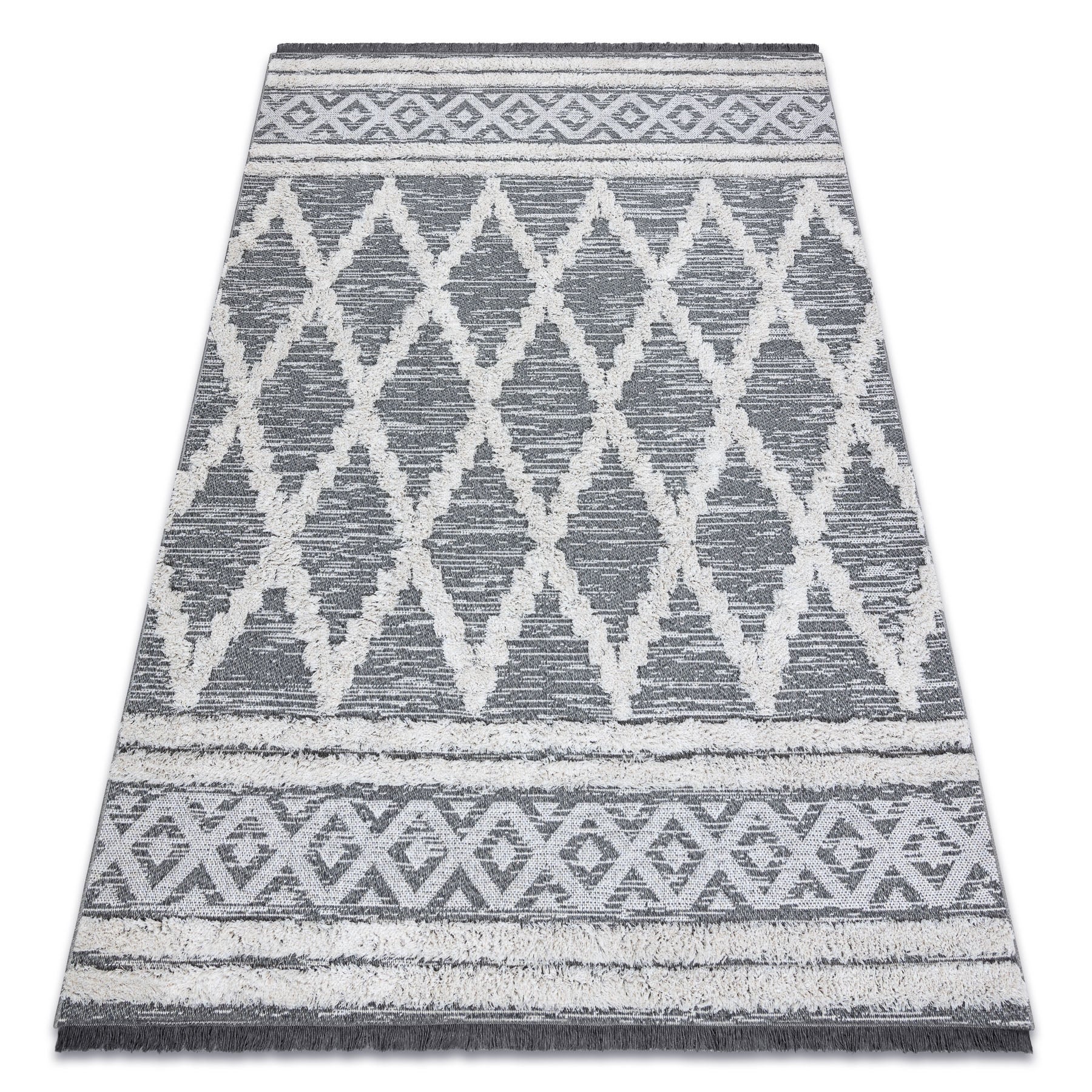 Dywan MOROC Romby 22297 Ekologiczny, EKO SIZAL frędzle - dwa poziomy runa szary / krem, dywan z bawełny recyklingowanej 175x270 cm