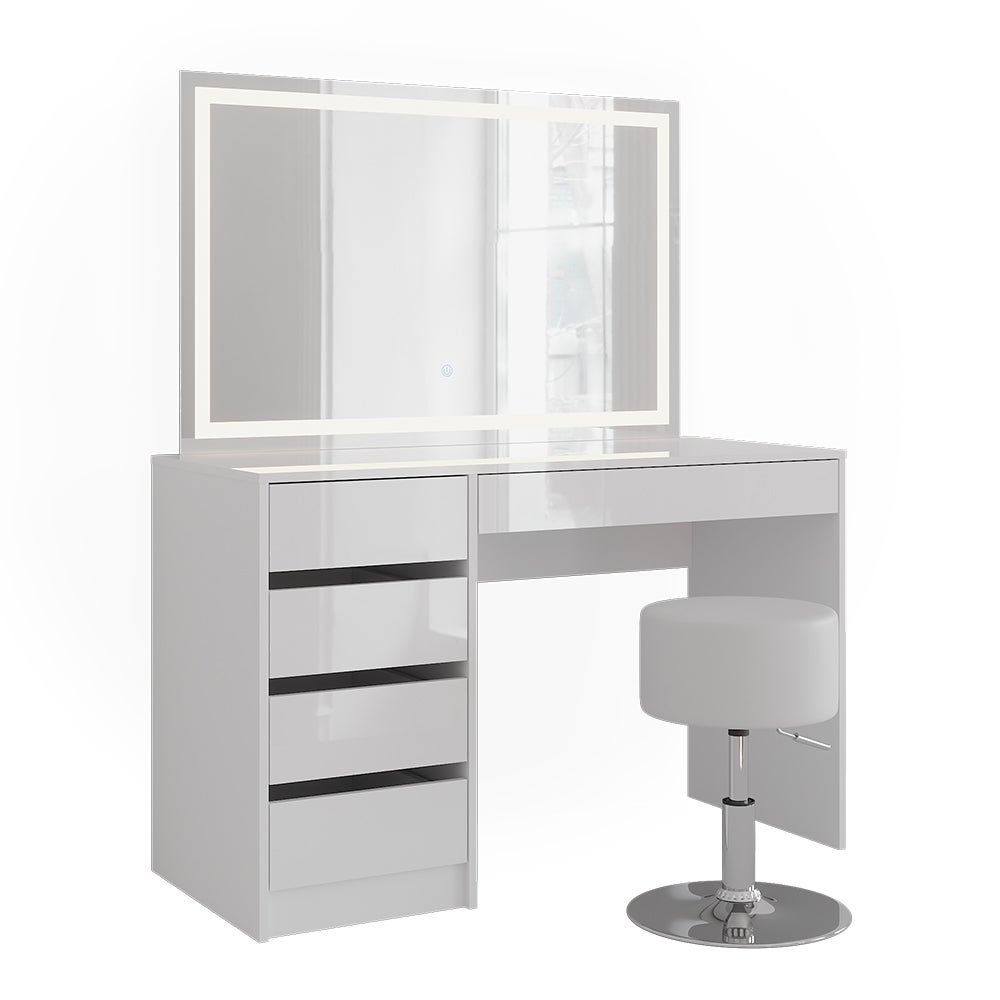Vicco Stół do toalety Sherry, Biały/Biały wysoki połysk, 119.8 cm z lustrem LED i stołkiem