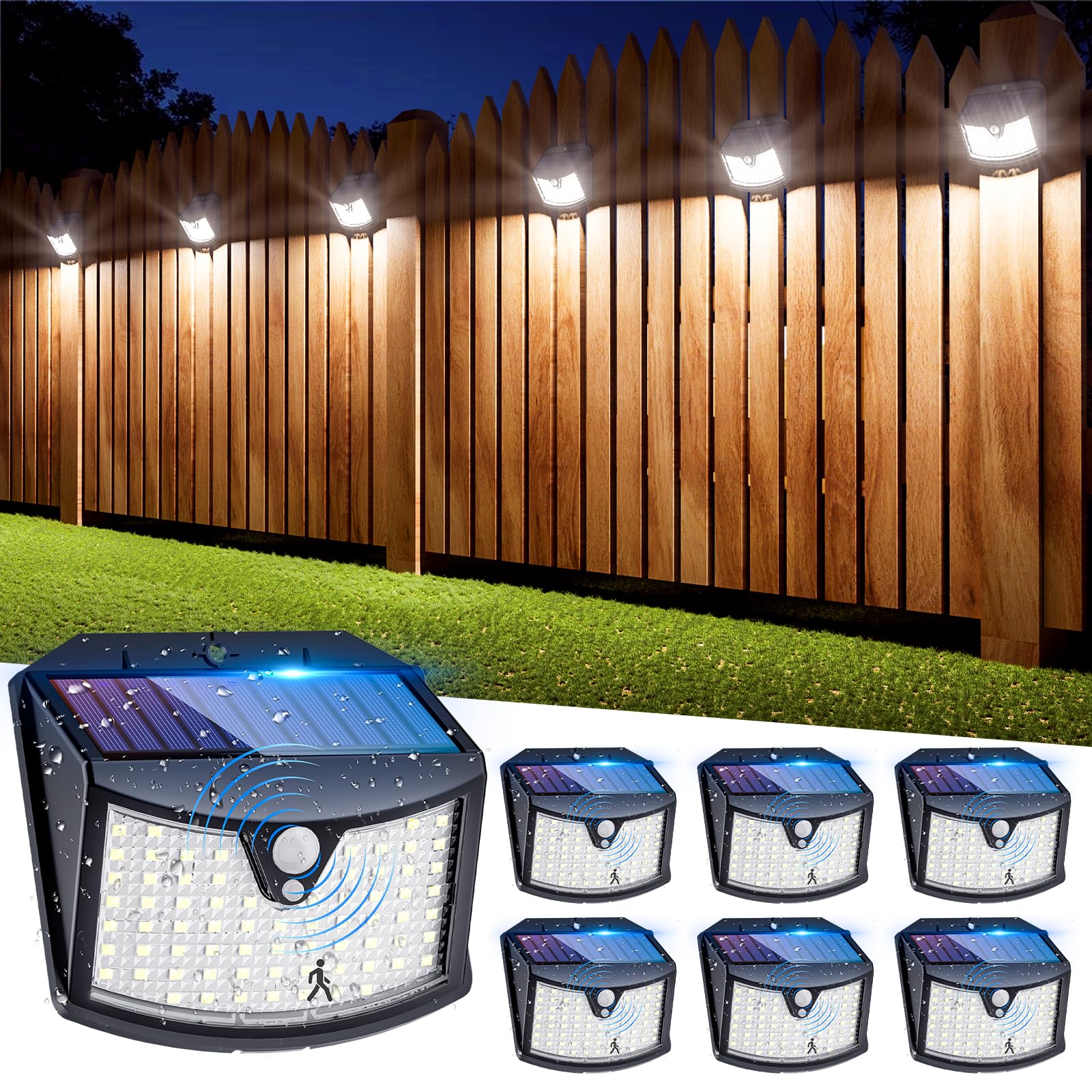 Inteligentne zewnętrzne oświetlenie solarne do podziału na dziedzińcu z 6 sztuk, lampa ścienna z detekcją ruchu ludzkiego, biała światłość, 70 LED