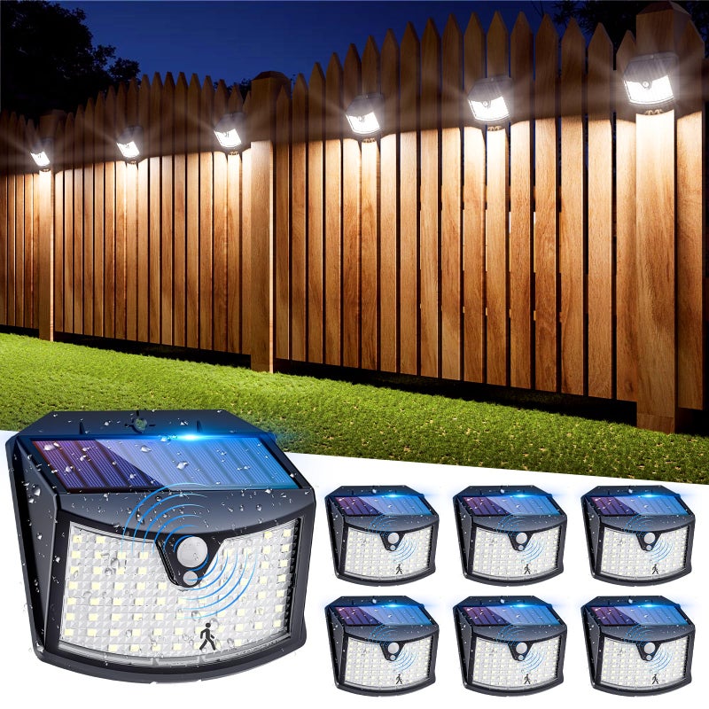 Inteligentne zewnętrzne oświetlenie solarne do podziału na dziedzińcu z 6 sztuk, lampa ścienna z detekcją ruchu ludzkiego, biała światłość, 70 LED