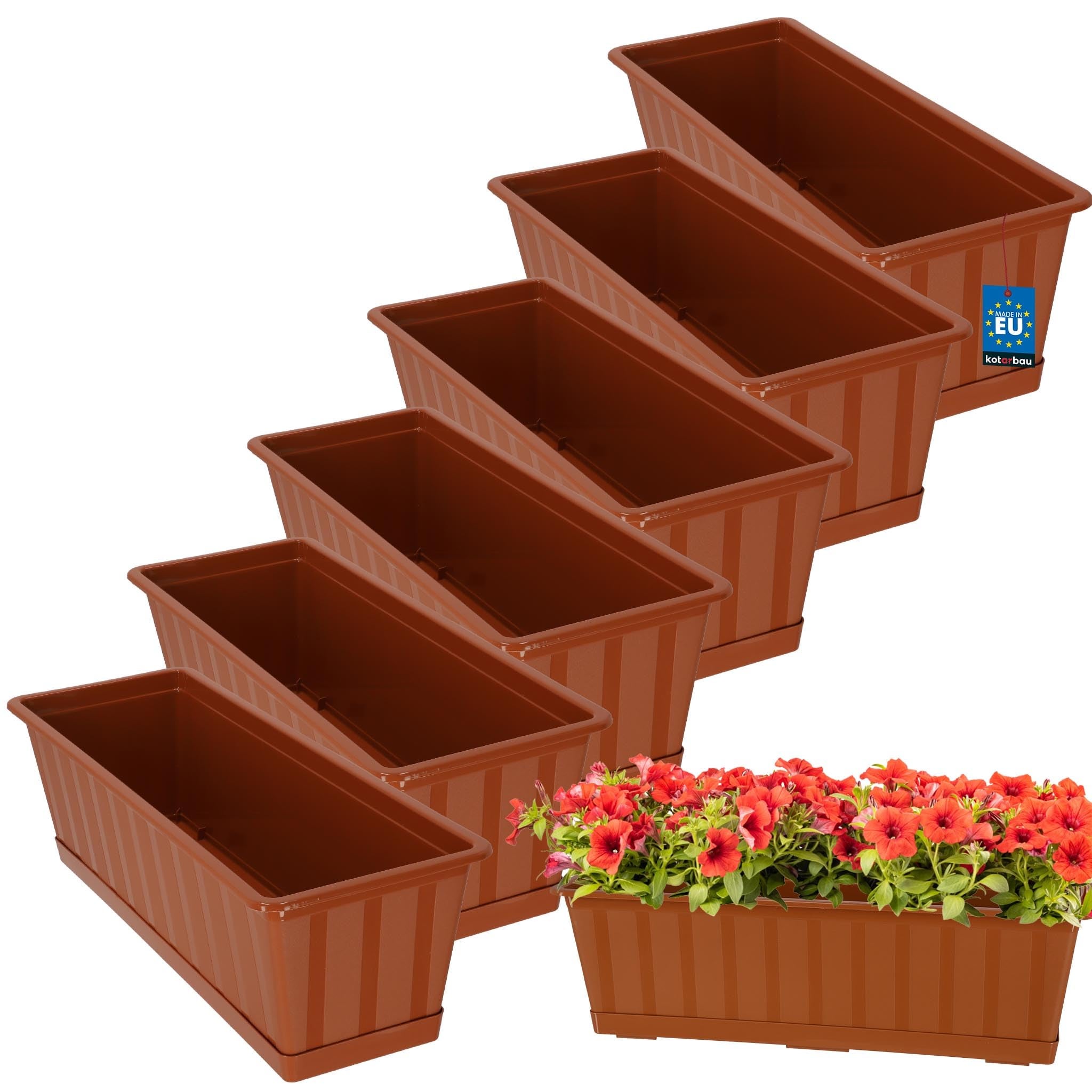 6 szt. Doniczka - Skrzynka Balkonowa - 50 x 18 x 14 cm - Skrzynia na Balustradę Balkon - Donica z Podstawką - Terakota KOTARBAU