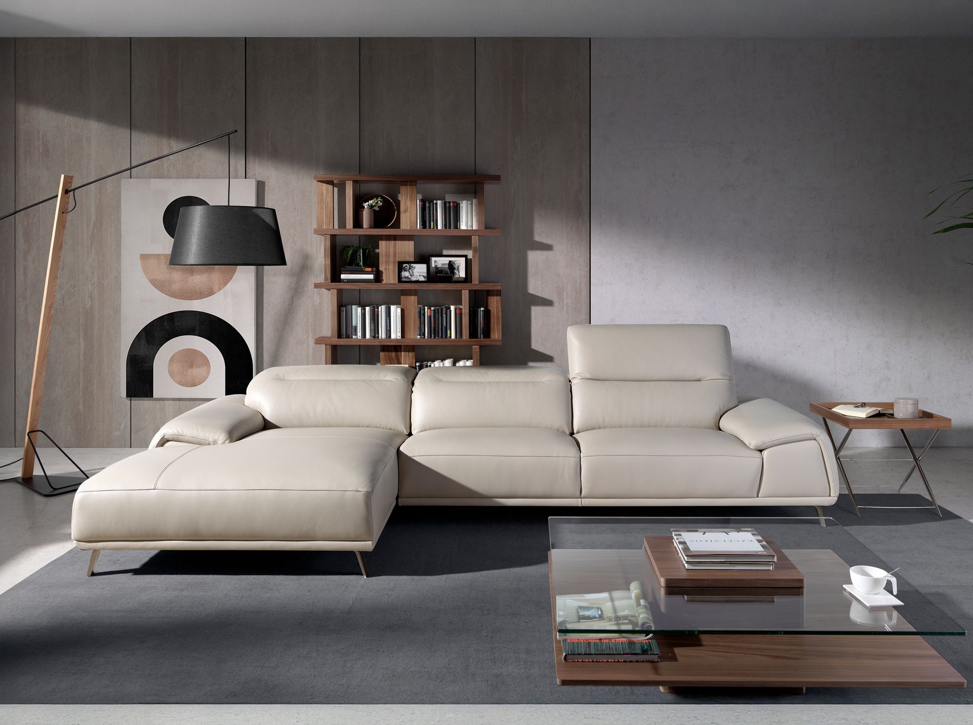 ANGEL CERDA Lewa sofa z szezlongiem z szarej skóry taupe