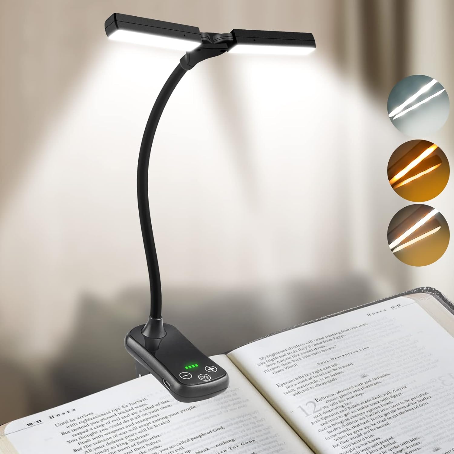 Lampa do czytania z 14 diodami LED i dwiema głowicami, lampka do czytania z klipsem, ładowana przez USB, giętka szyjka 360°, 3 kolory i stopniowe przy