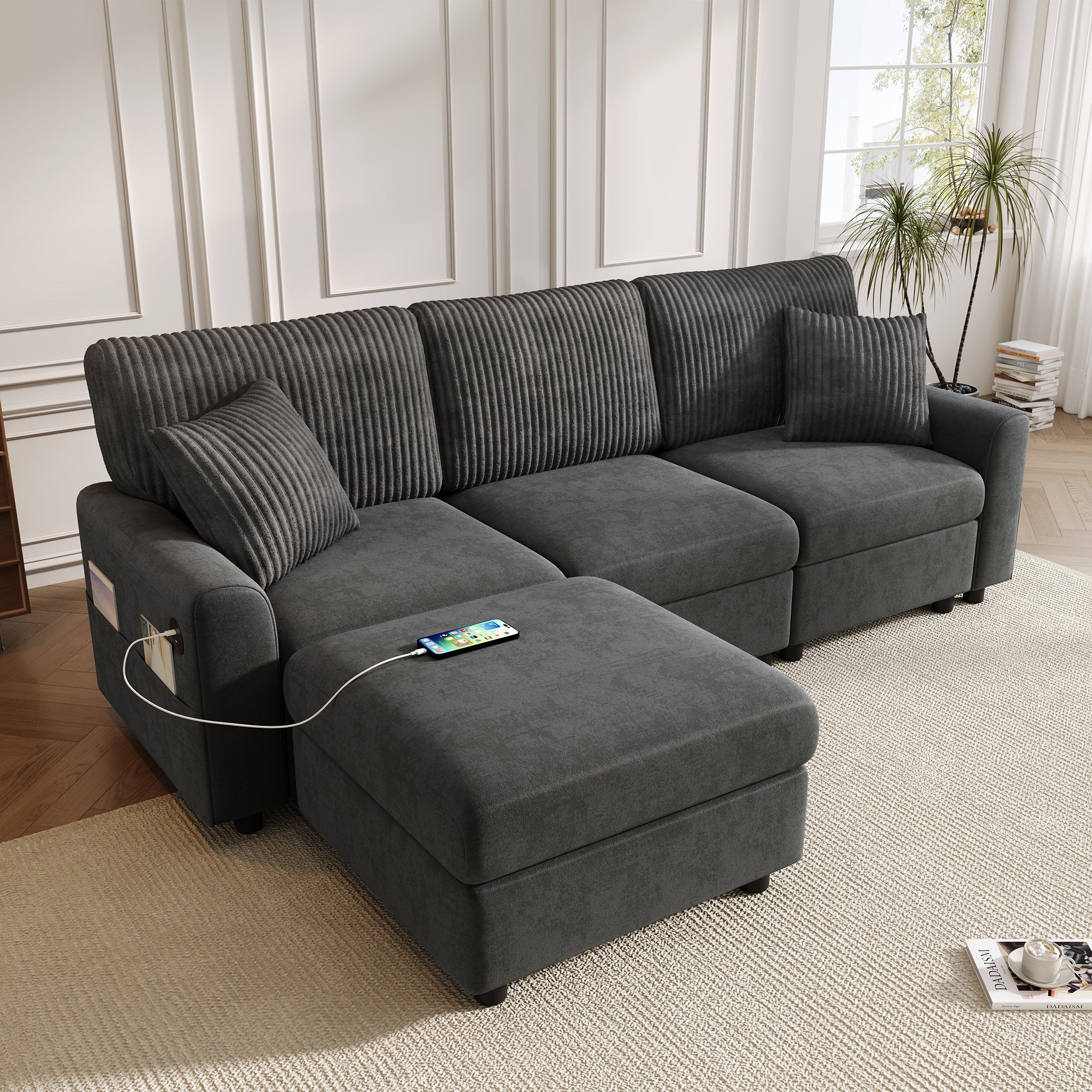 3-osobowa sofa narożna z podnóżkiem, portami USB i Type-C - 223 x 146 x 84 cm - Szenil, sztruks i lite drewno - Czarny