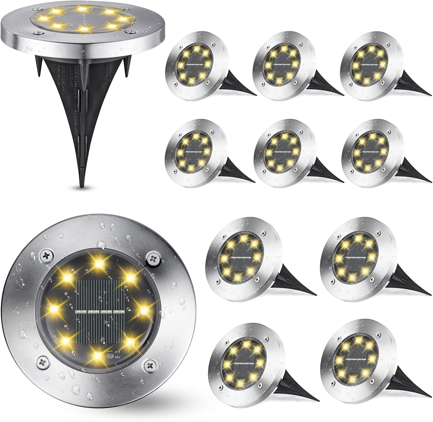 Zestaw 12 lamp solarnych do ogrodu, ciepła biel, 8 diod LED 3000 K, wodoodporność IP65, do ścieżek, trawników, patio, podwórek i basenów