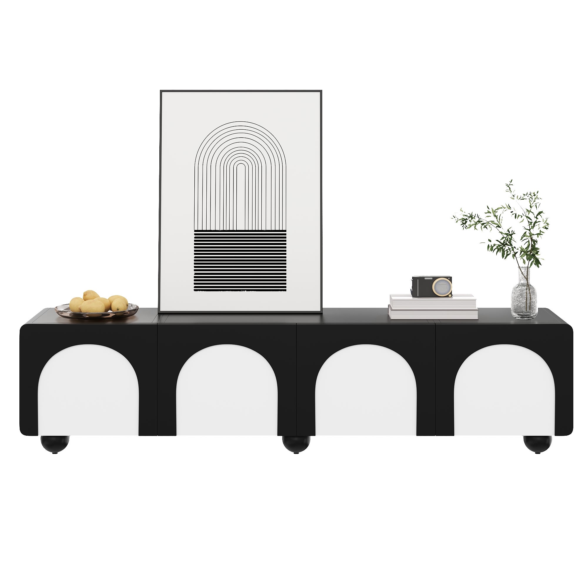 TV-Schrank czarno-biały z szufladami i drzwiami, 180x38x45 cm, MDF i PB