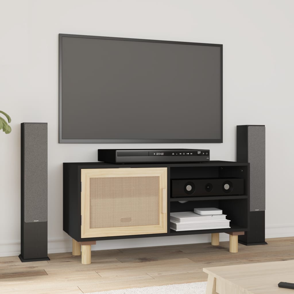 Stolik pod TV, czarny, 80x30x40 cm, drewno sosnowe i rattan vidaXL