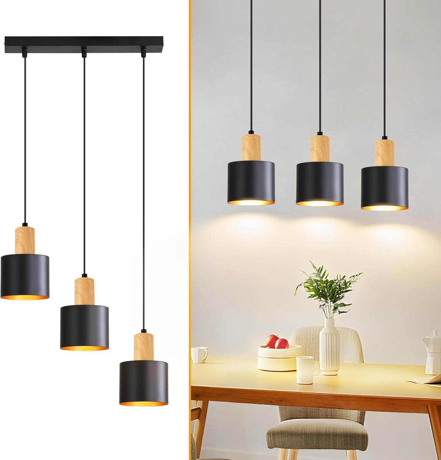 NETTLIFE Lampa Wisząca Loft Vintage Czarna E27 Żyrandol 3-punktowy do Jadalni, Regulowana Wysokość, Styl Industrialny Retro (Bez Żarówek)