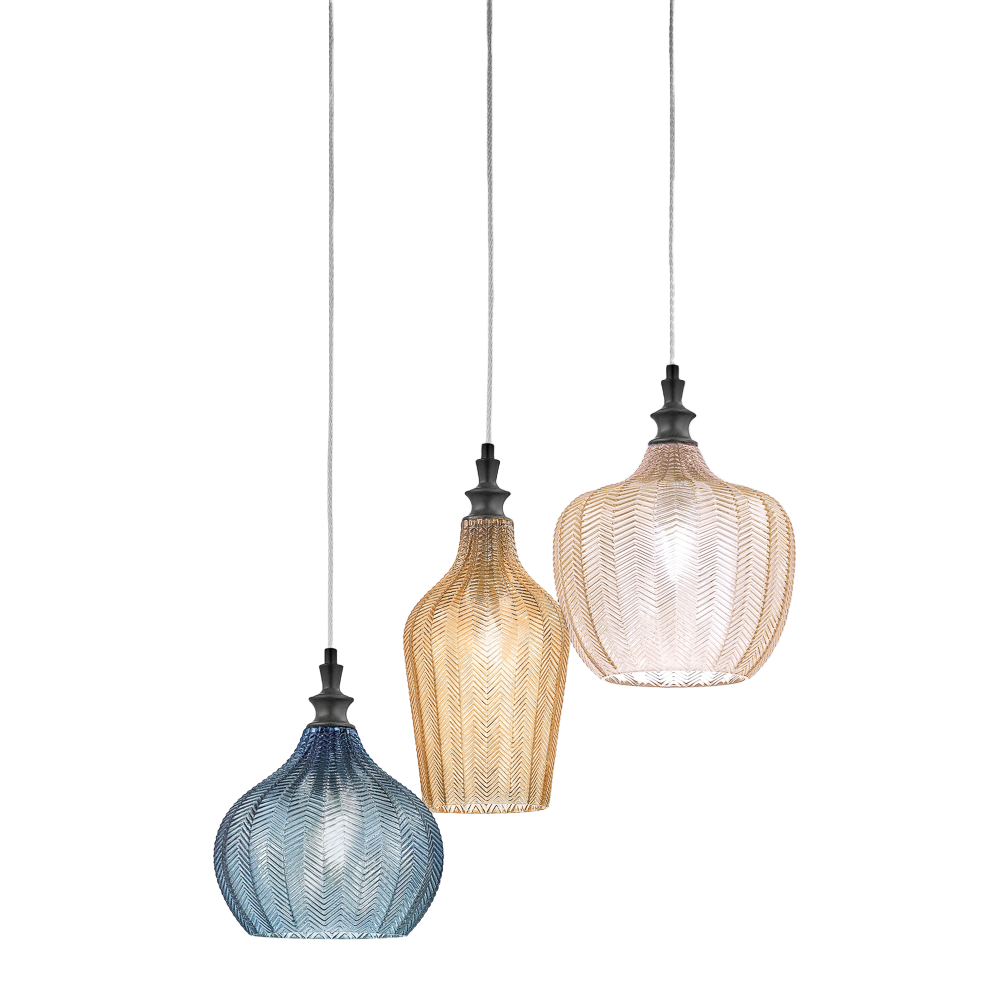 Cleofe S/3 Multicolor Triple Pendant Lamp - matowy czarny metal, mieszany bursztyn, ochra, szkło kobaltowe, 3x E27 - Gealuce