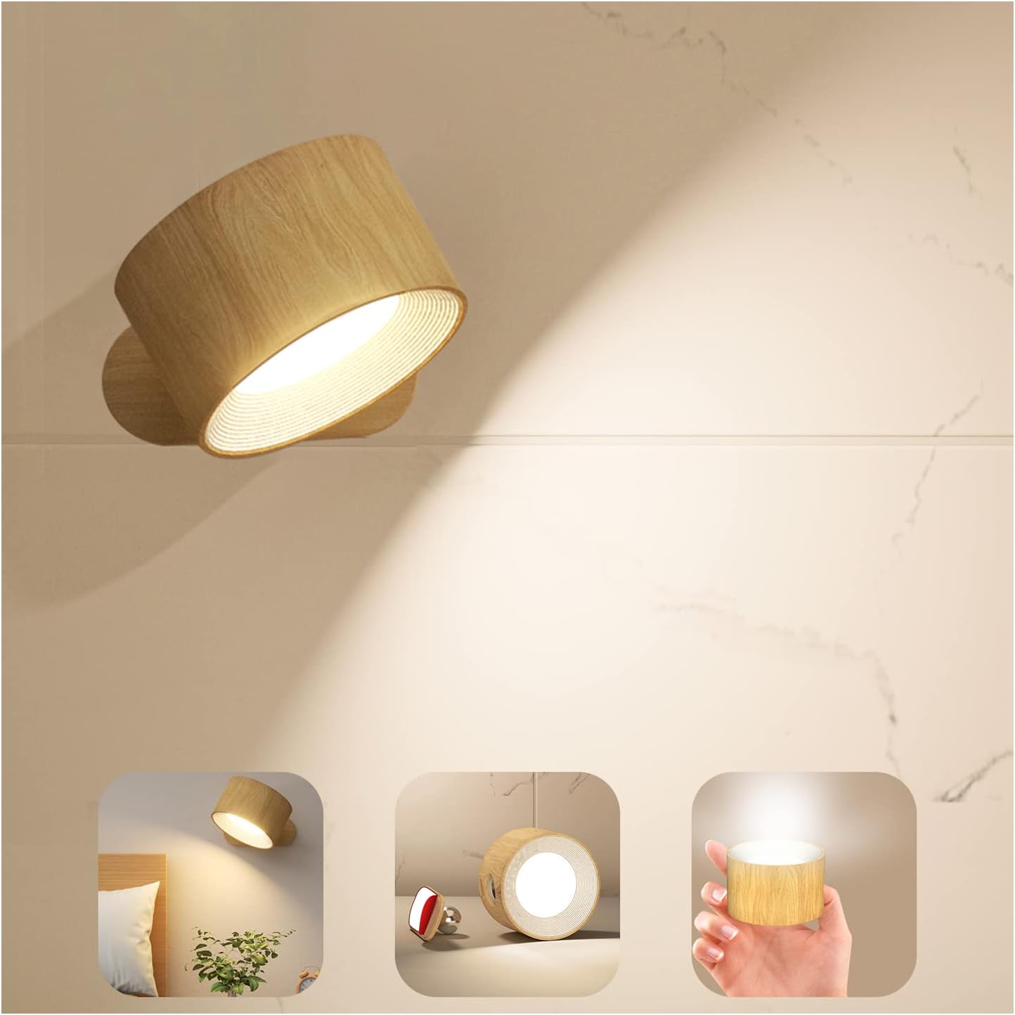 Dotykowa lampa ścienna LED z portem ładowania USB, 3 poziomy regulacji jasności, obrotowa o 360° lampka do sypialni z teksturą drewna, 1 sztuka