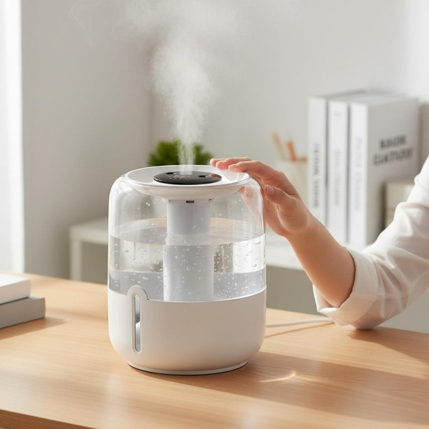 Duży nawilżacz powietrza o pojemności 6,8 l z zasilaniem USB, podwójną mgiełką, lampką nocną i wyświetlaczem cyfrowym – biały