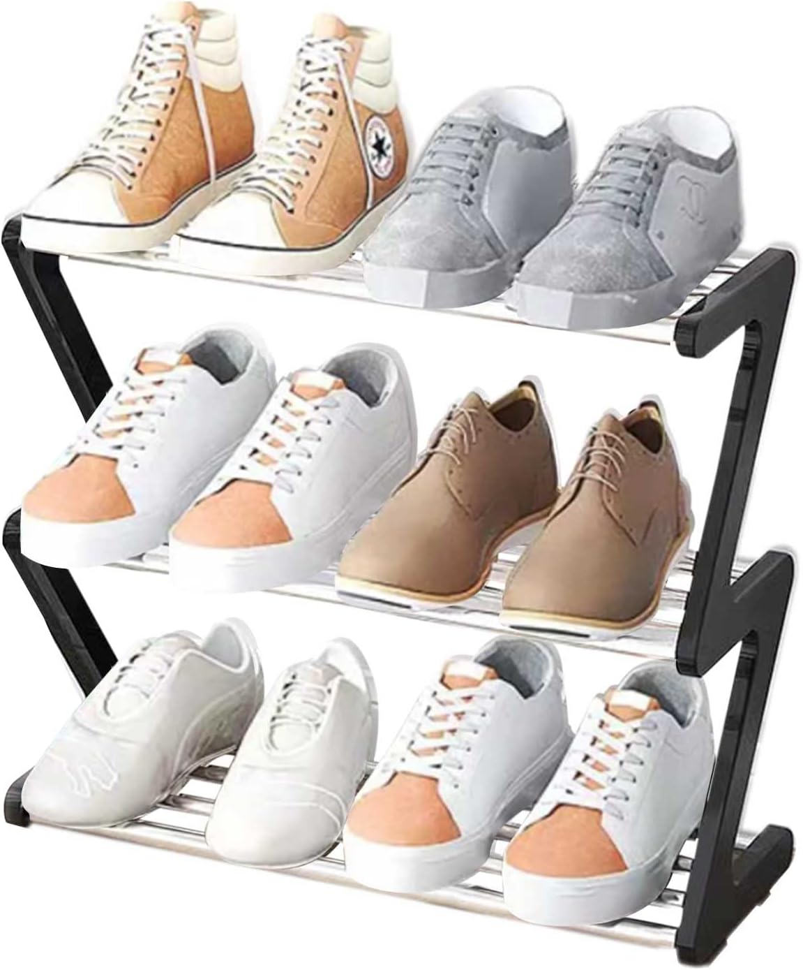 Mała półka na buty, mała półka na buty z 3 poziomami, mini organizer na buty, solidny, wąski organizer na buty do przedpokoju, czarny