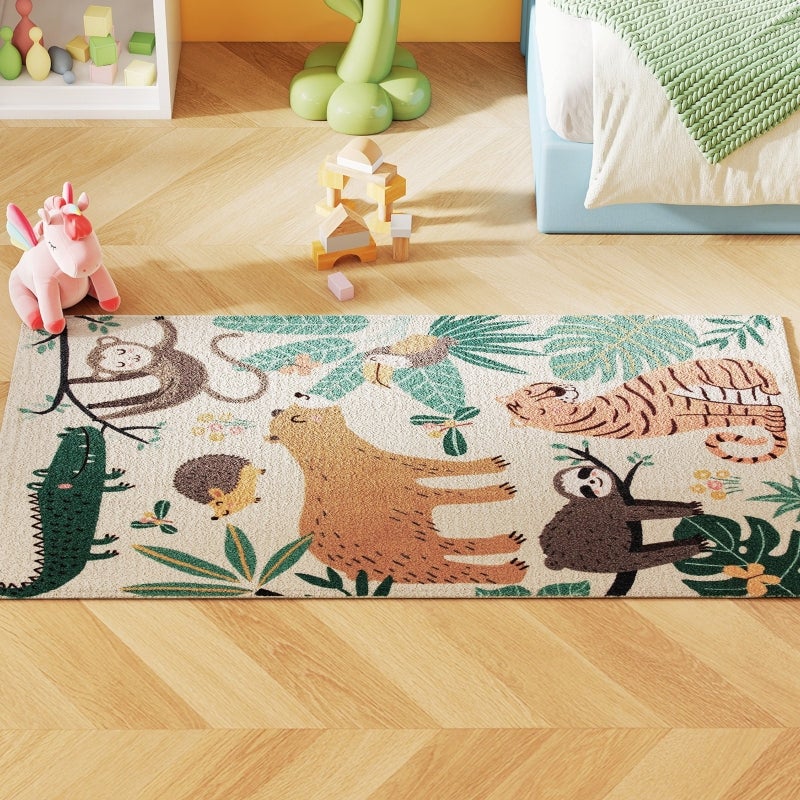 Dywan polarowy ze wzorem dżungli, łatwy w pielęgnacji, kremowo-biały + kolorowy, dywan do salonu, sypialni, jadalni, wielokolorowy, poliester