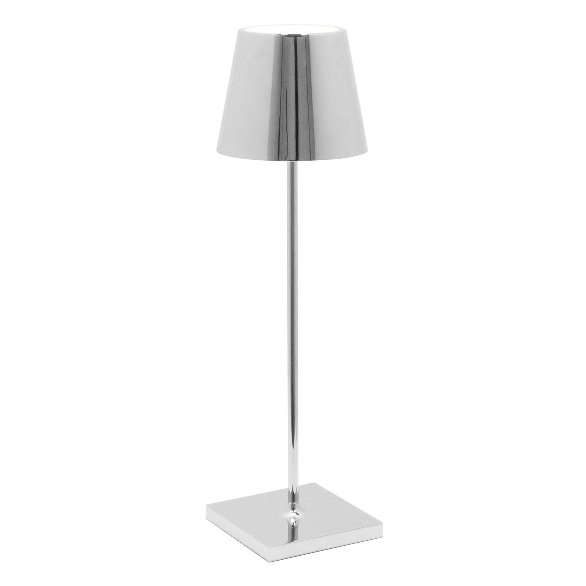 Lampa stołowa LED Zafferano Poldina Pro w kolorze polerowanego chromu, ładowalna i ściemnialna, z czasem pracy na baterii do 12 godzin