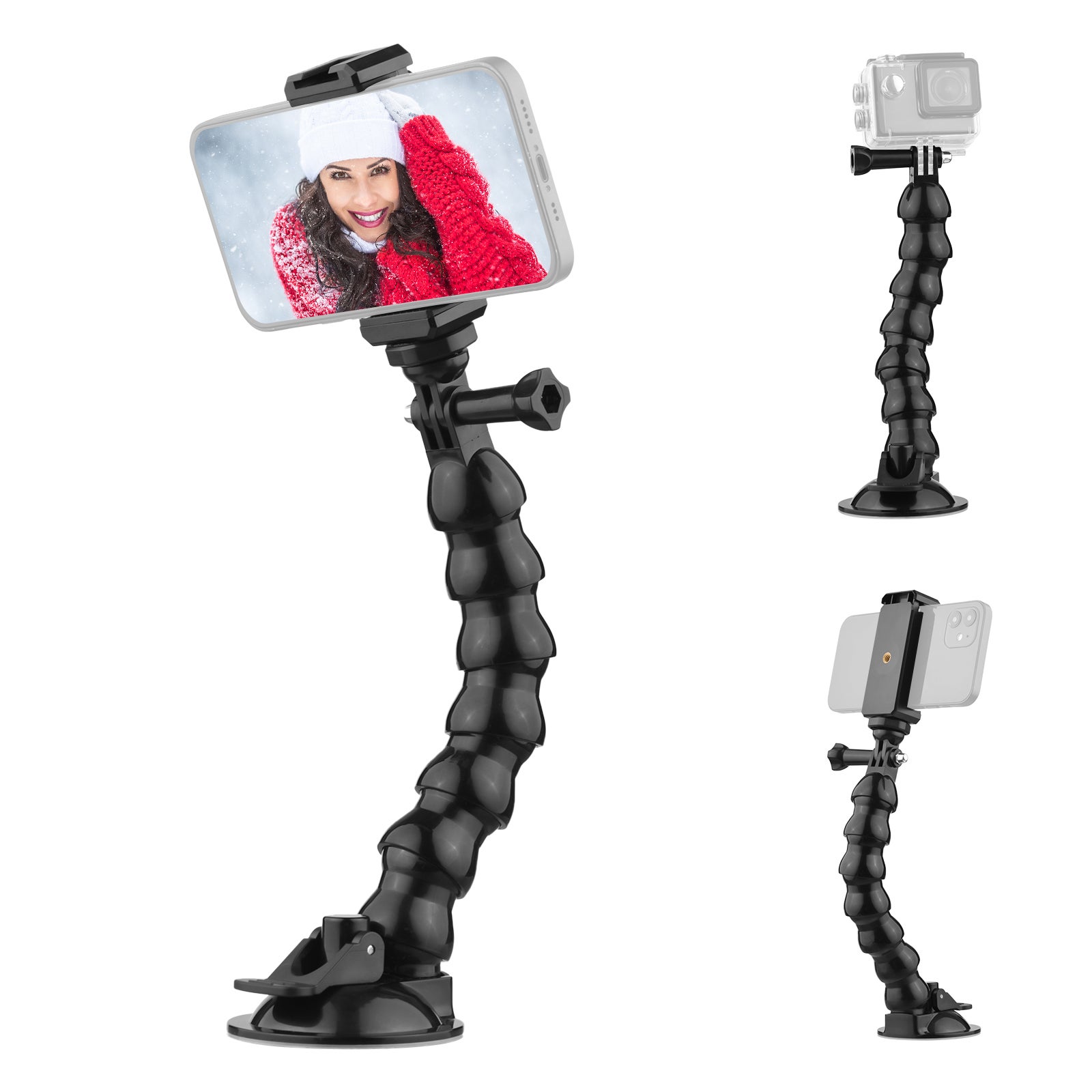 Elastyczny uchwyt na przyssawkę do szyby przedniej, uchwyt na telefon, obrotowy 360°, złącze śrubowe 1/4 cala, do smartfona i kamery sportowej 23cm