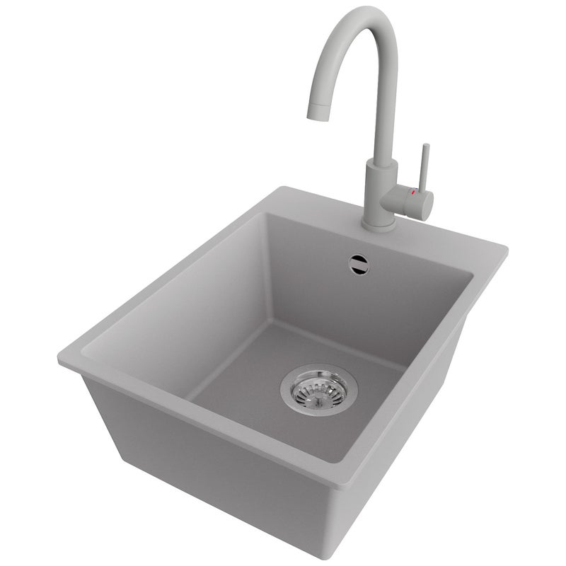 Zlewozmywak Granitowy Szary 38x50cm, Zlew Kuchenny 1 Komorowy + Bateria 32x20cm + Syfon, Nablatowy do szafki od 40cm - Ryga PRIMAGRAN