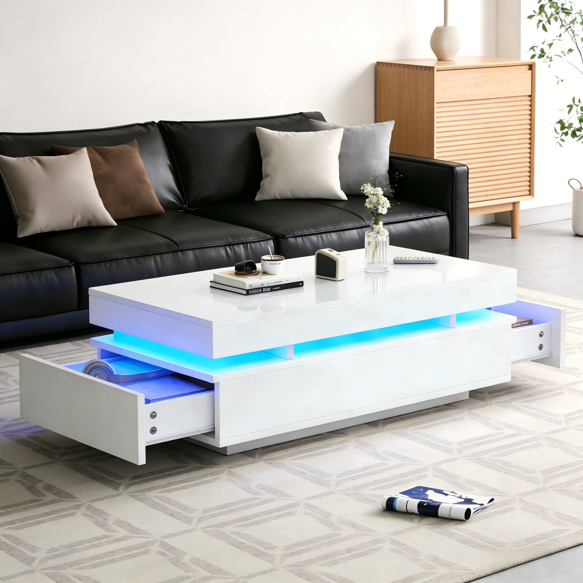 Stolik kawowy 100 x 50 x 35 cm z 2 szufladami, stolik boczny LED o wysokim połysku, stolik herbaciany, stolik pod sofę