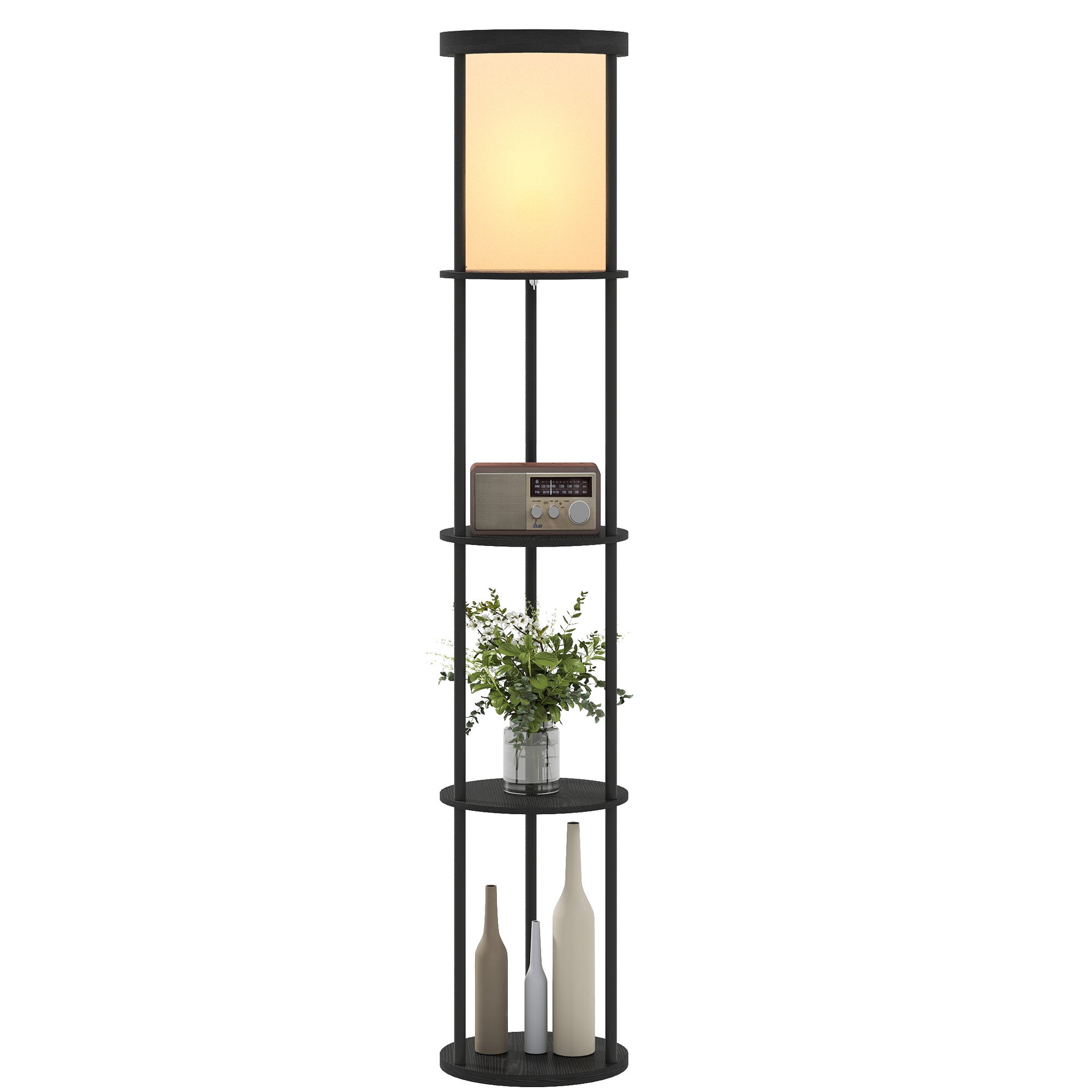 Lampa podłogowa z 3 półkami, okrągła, sterowana pilotem, włącznikiem nożnym, regulowana temperatura światła, do salonu, czarna