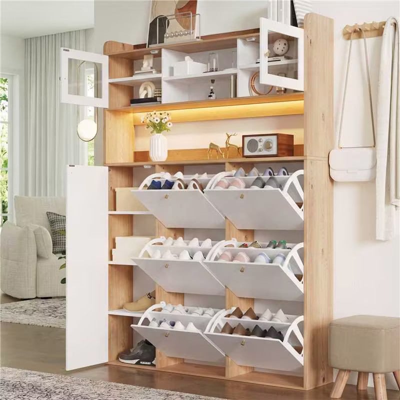 Szafka na buty z 9 drzwiczkami, w tym 2 szklanymi, i oświetleniem LED – płyta wiórowa – 130 x 25 x 85 cm – wykończenie białe i w kolorze naturalnym