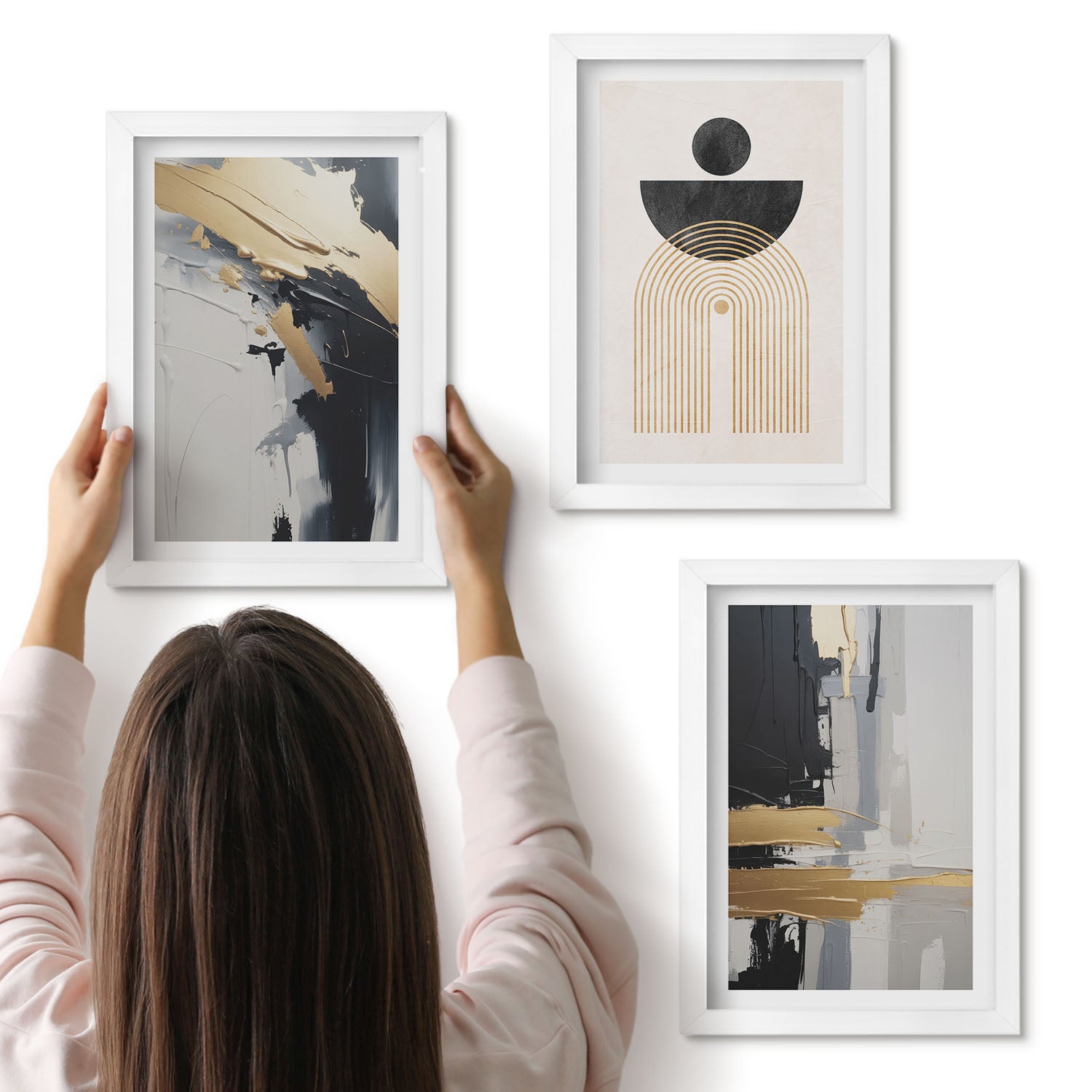Galeria ścienna 3-częściowy komplet obrazów w białych ramach - Geometria abstrakcja elegancka kompozycja - ArtPrintCave