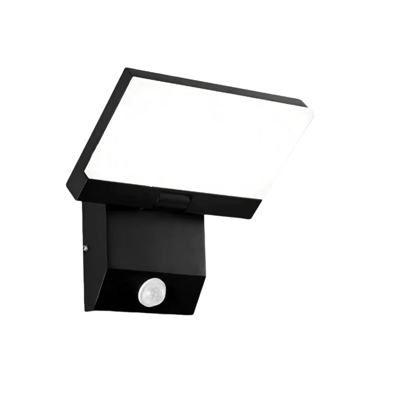 Czarna, kwadratowa lampa zewnętrzna ścienna z czujnikiem ruchu, białe światło. 1 sztuka.