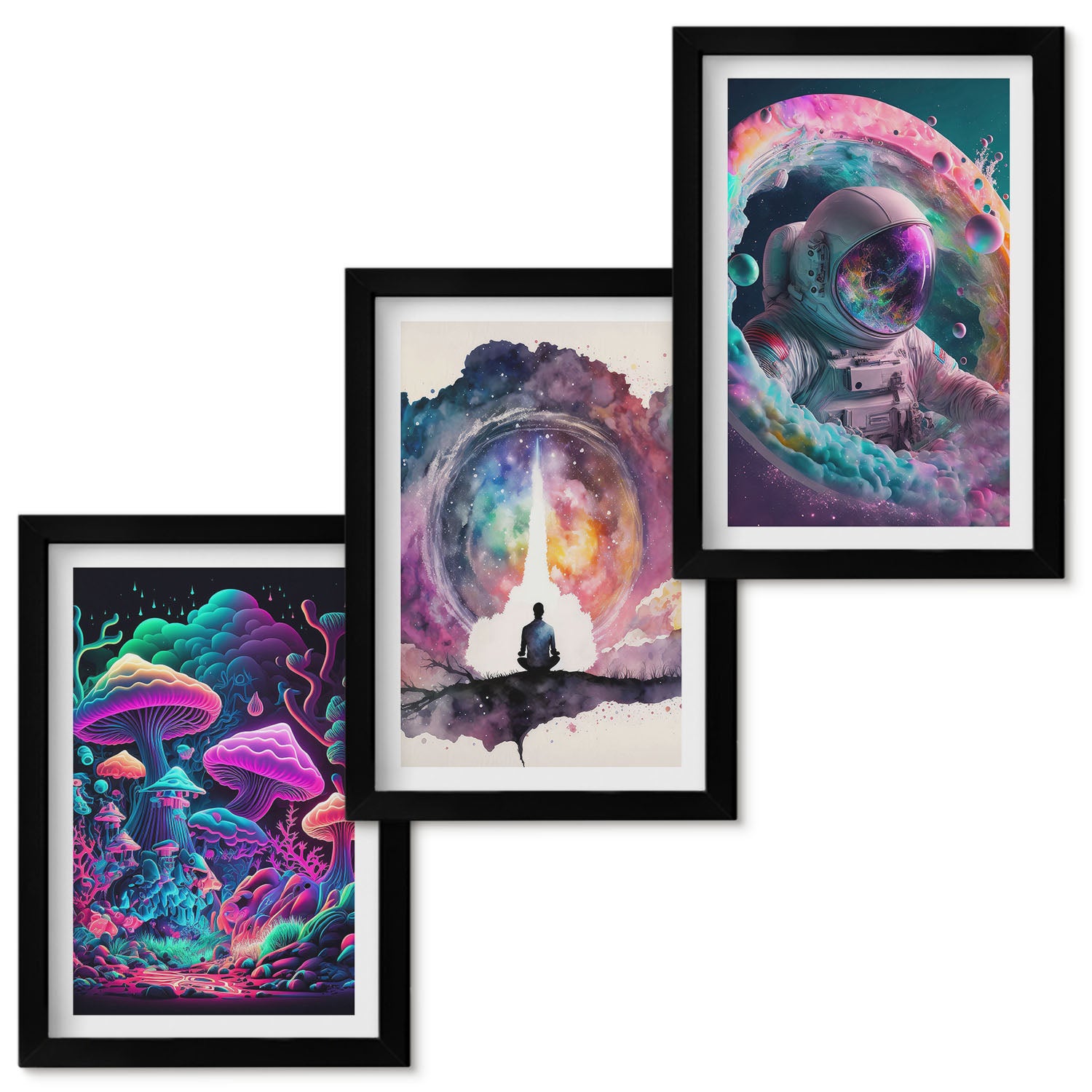Zestaw obrazów w ramie - 3 części | Kolorowe ilustracje w stylu fantasy sztuka | Czarna ramka