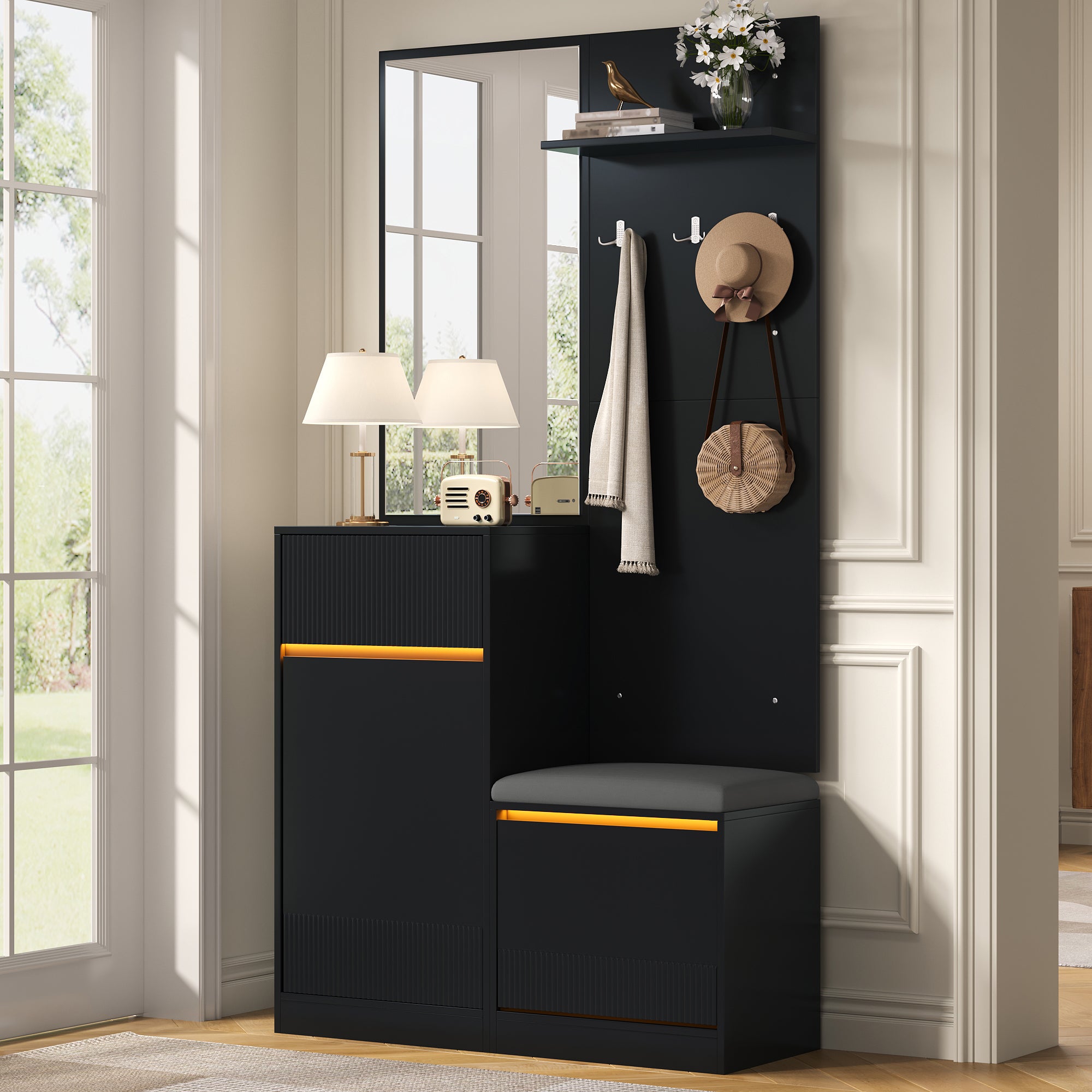Szafka na buty z lustrem, ławką, wieszakami, 2 drzwiami, 1 szufladą i oświetleniem LED - MDF i płyta wiórowa - 105 x 38 x 190 cm - czarna