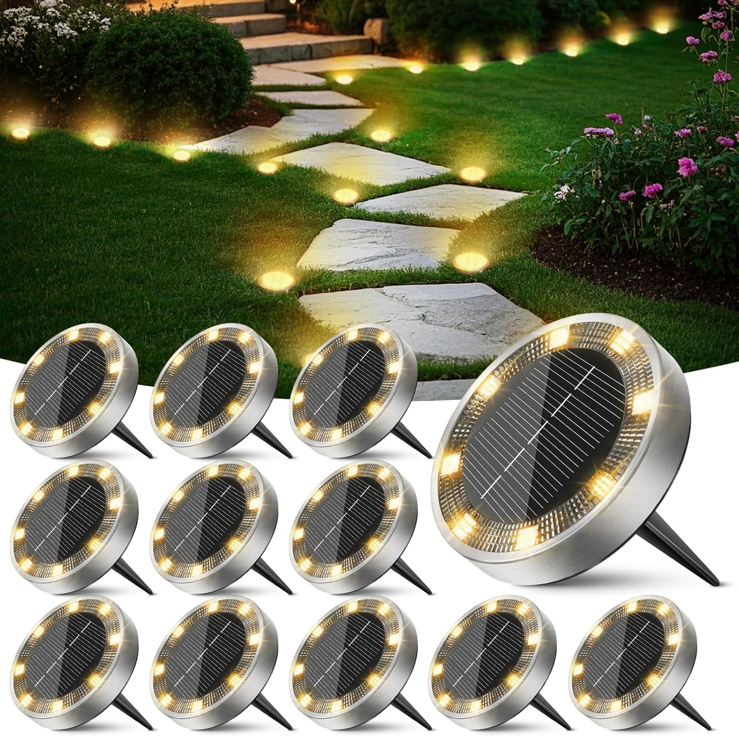 Lampy Peasur Solar do użytku na zewnątrz, zestaw 8 płaskich lamp dyskotekowych zasilanych energią słoneczną, wodoszczelne IP68, antyoksydacyjne, oświ