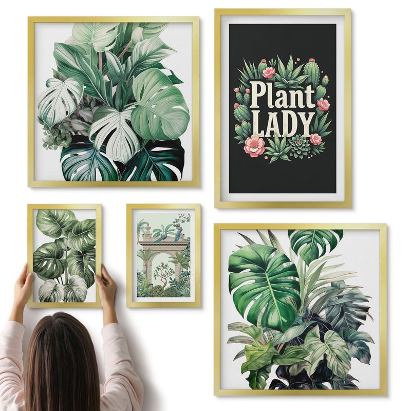 Galeria ścienna 5-częściowy komplet obrazów w złotych ramach - Roślinne akcenty w stylu boho dla miłośników zieleni - ArtPrintCave